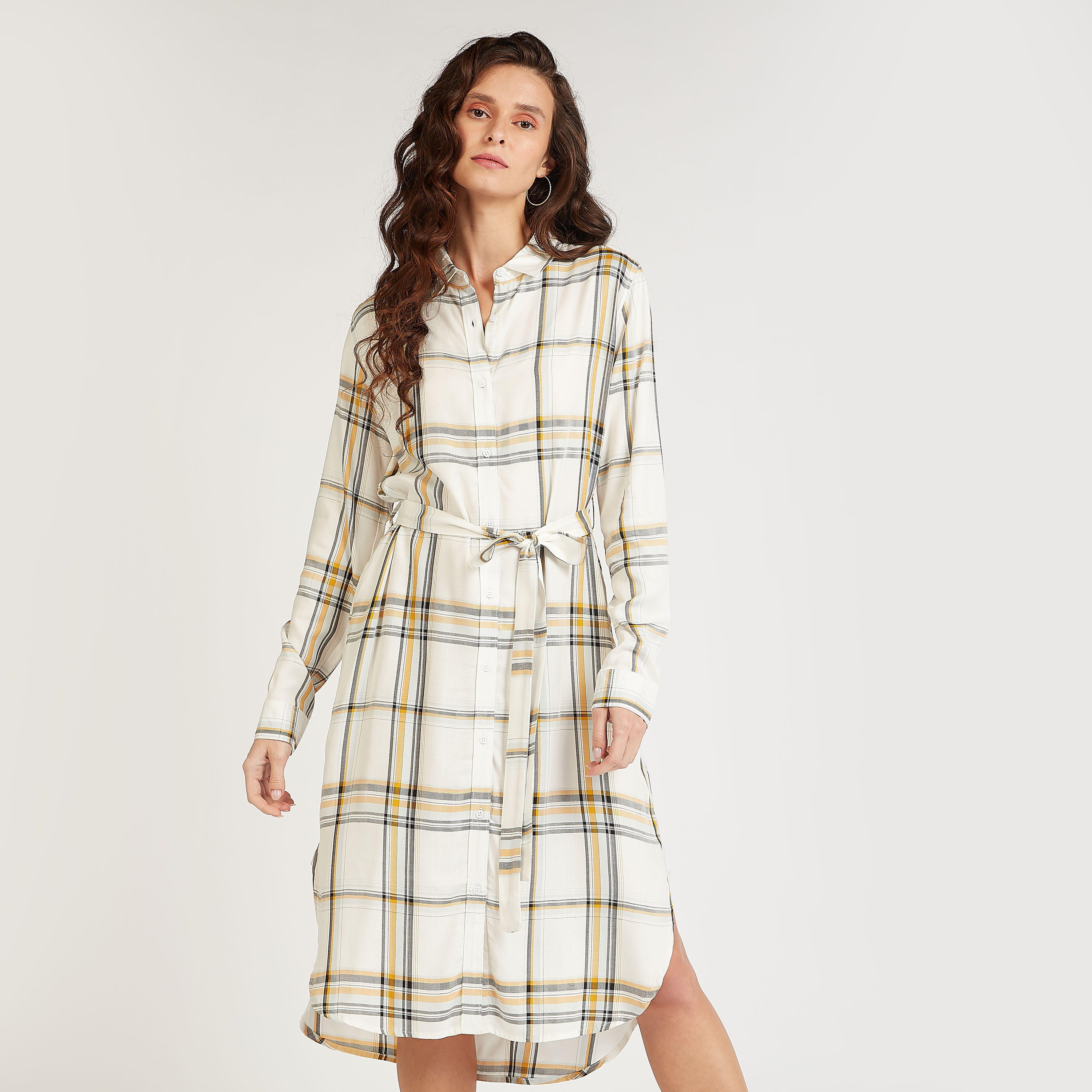 فستان قميص ميدي مربعات بأكمام طويلة وجيوب-women-clothing-dresses-image-1