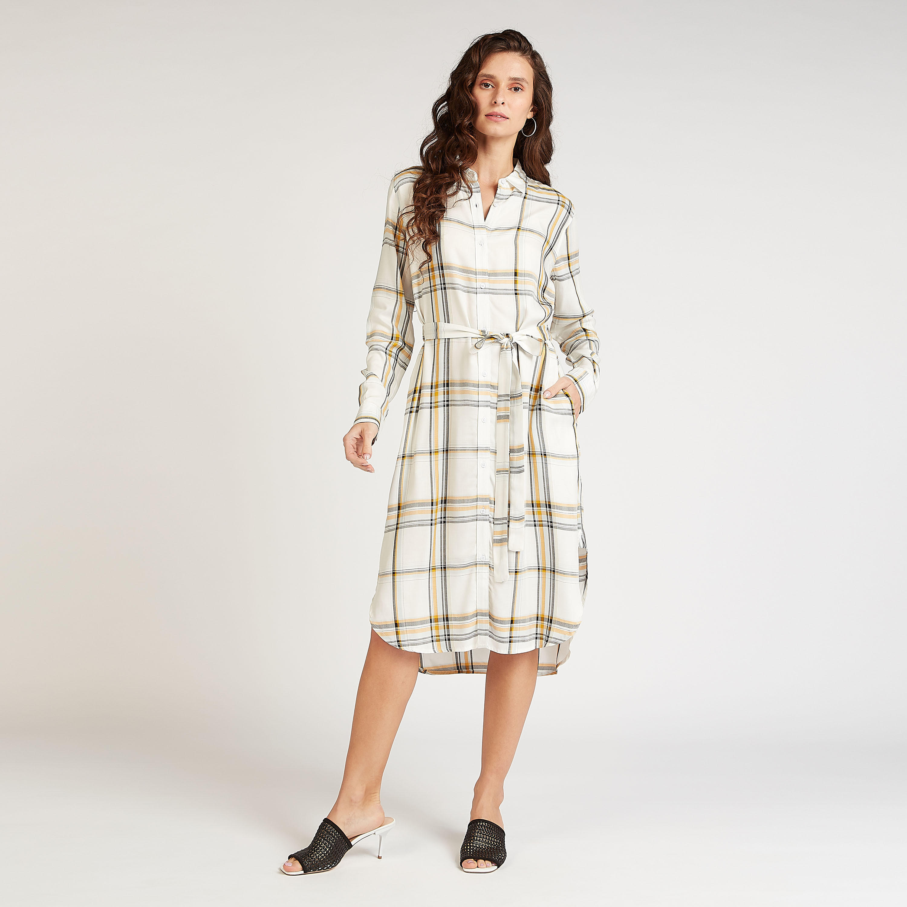 فستان قميص ميدي مربعات بأكمام طويلة وجيوب-women-clothing-dresses-image-2