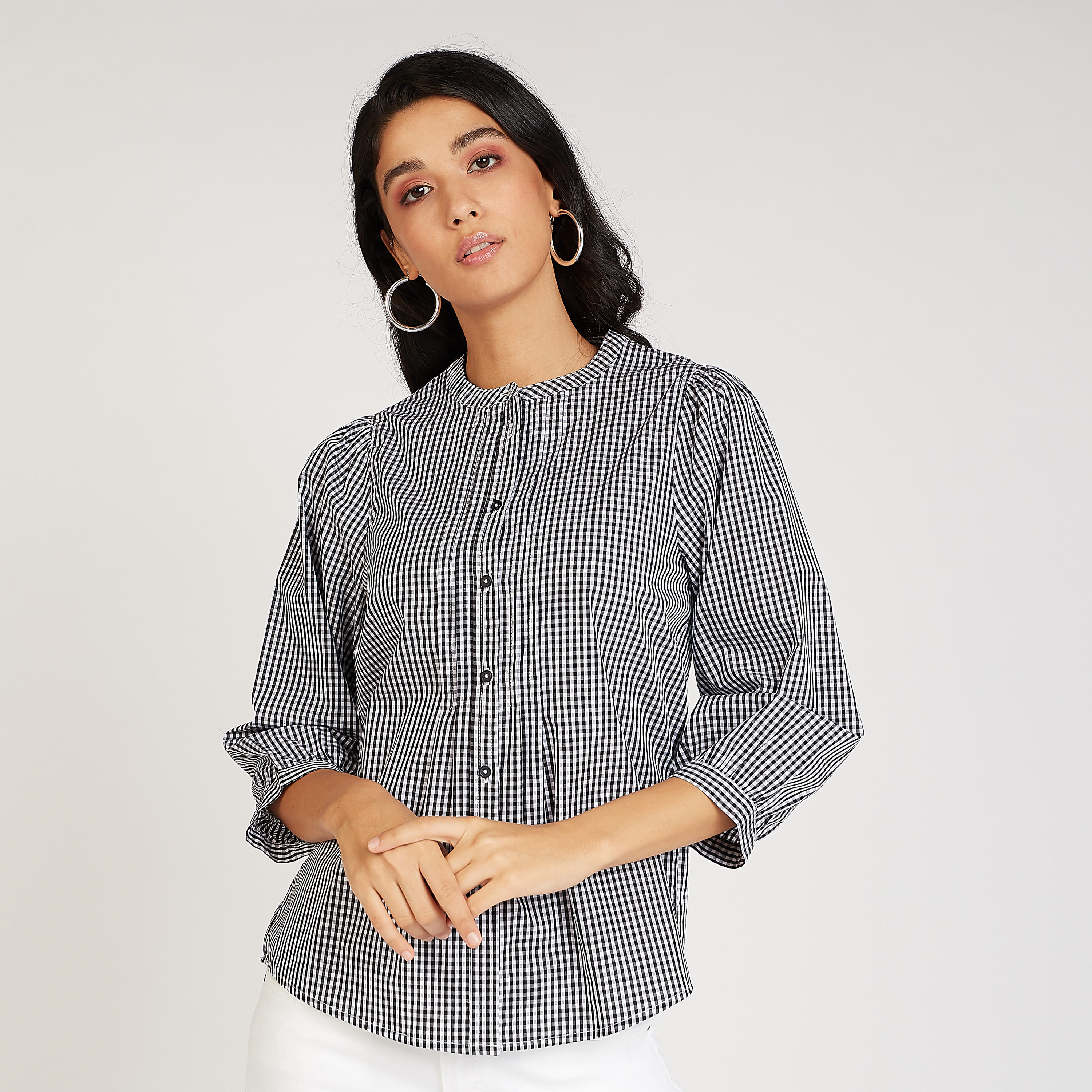 قميص مستدام كاروهات بياقة ماندارين وأكمام 3/4-women-clothing-shirtsandblouses-shirts-image-1