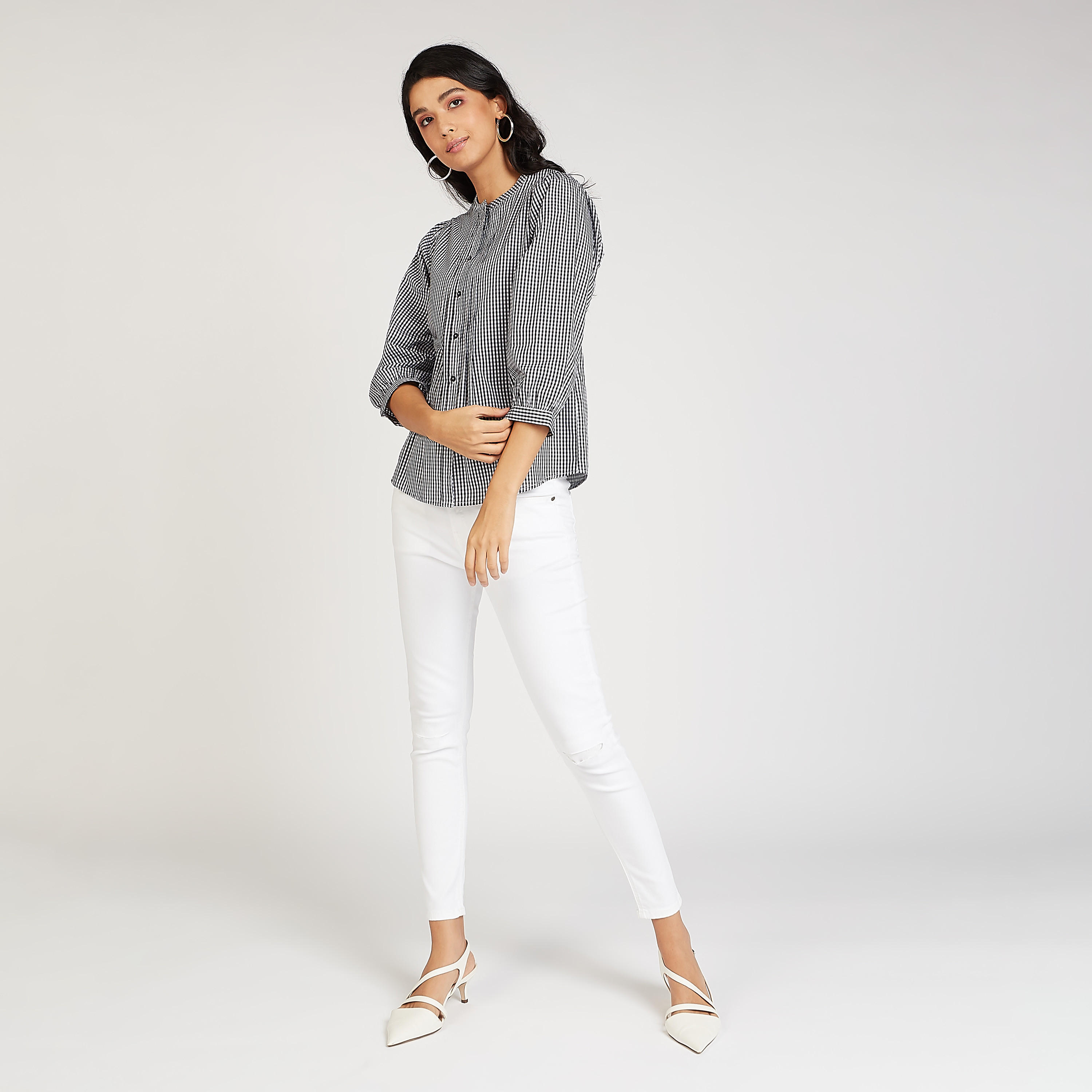 قميص مستدام كاروهات بياقة ماندارين وأكمام 3/4-women-clothing-shirtsandblouses-shirts-image-2