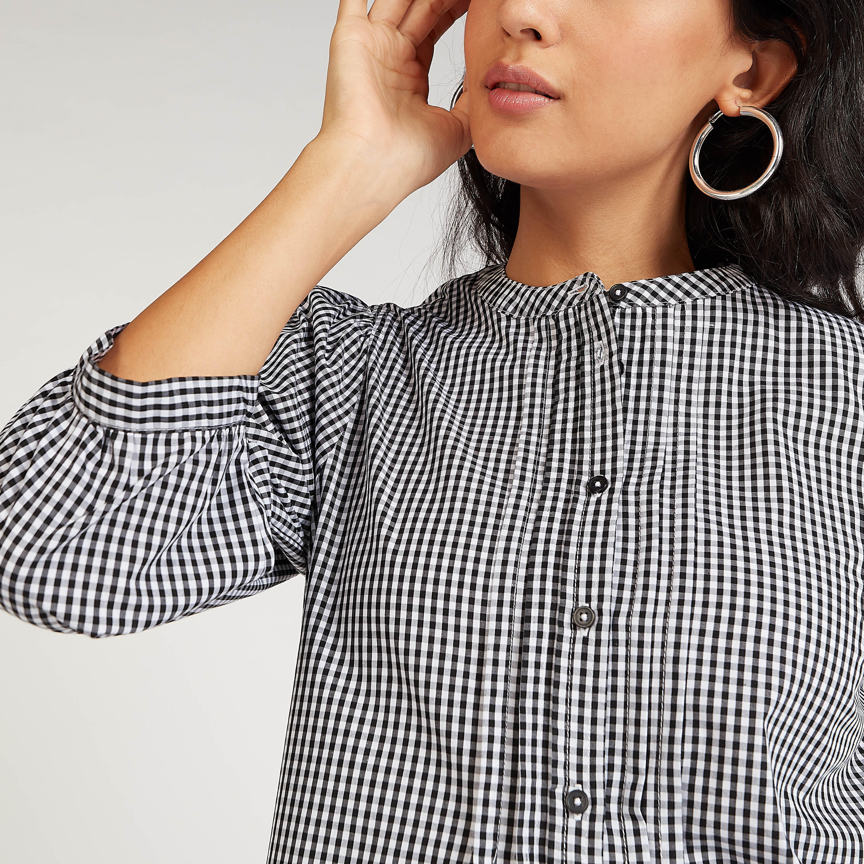 قميص مستدام كاروهات بياقة ماندارين وأكمام 3/4-women-clothing-shirtsandblouses-shirts-image-3