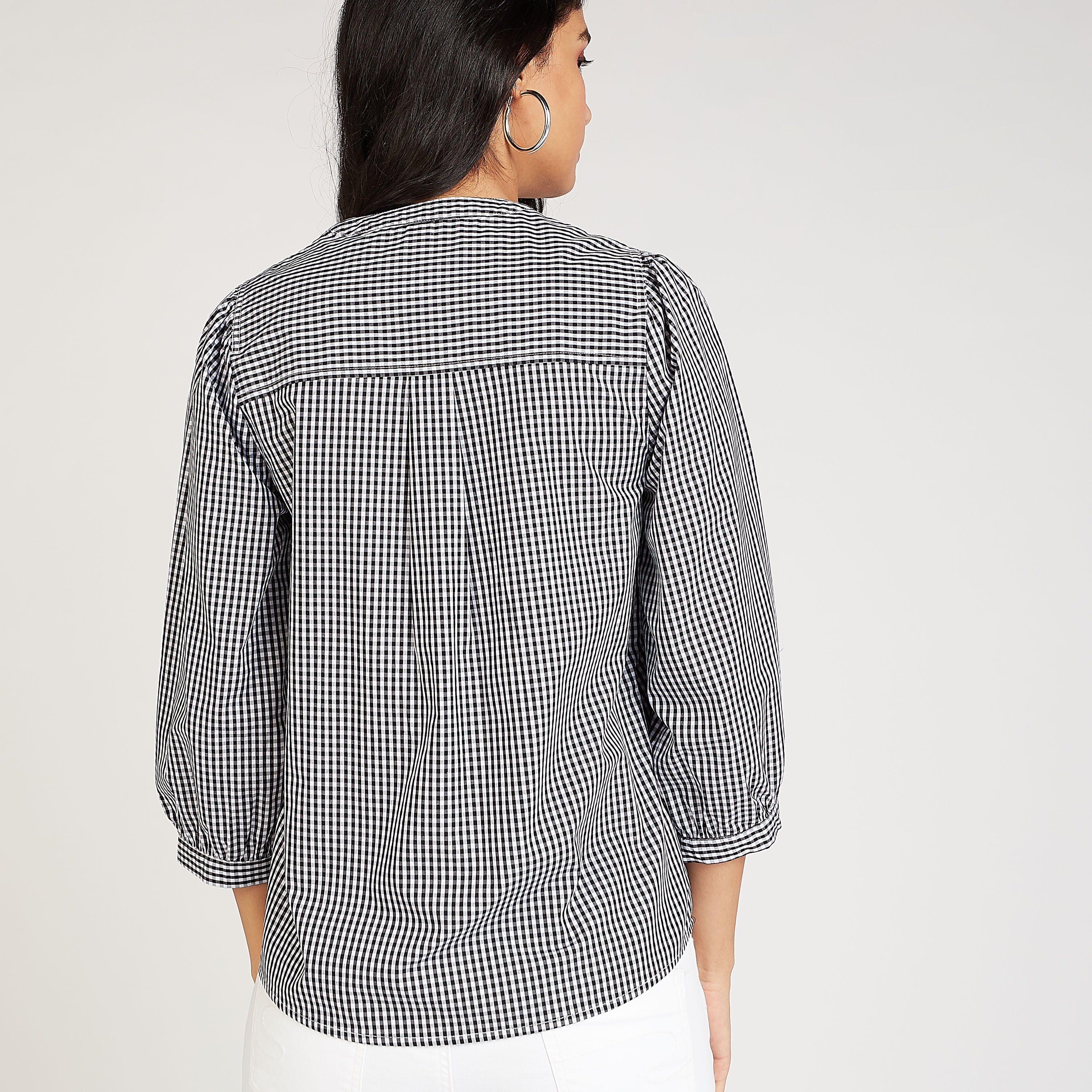 قميص مستدام كاروهات بياقة ماندارين وأكمام 3/4-women-clothing-shirtsandblouses-shirts-image-4