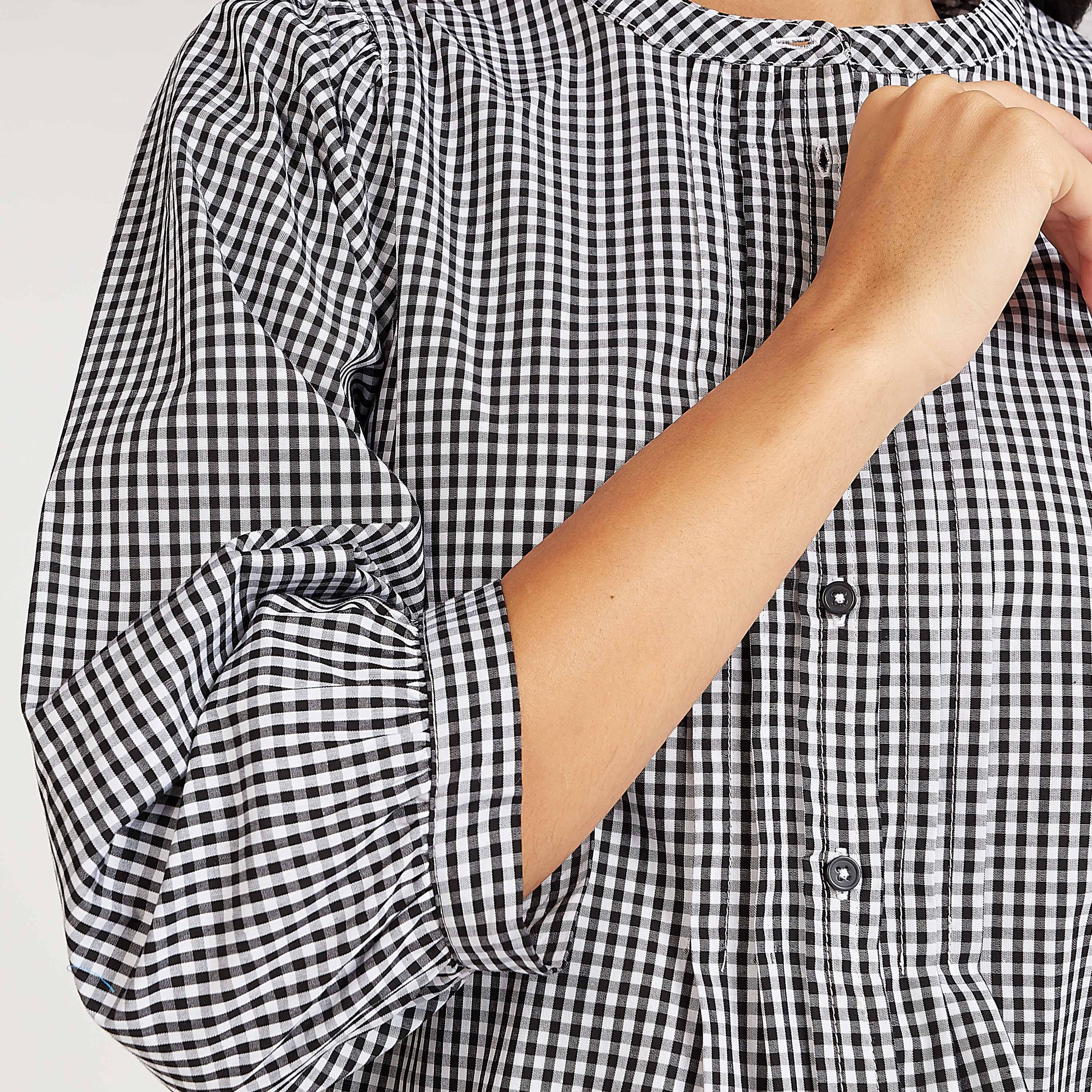 قميص مستدام كاروهات بياقة ماندارين وأكمام 3/4-women-clothing-shirtsandblouses-shirts-image-5