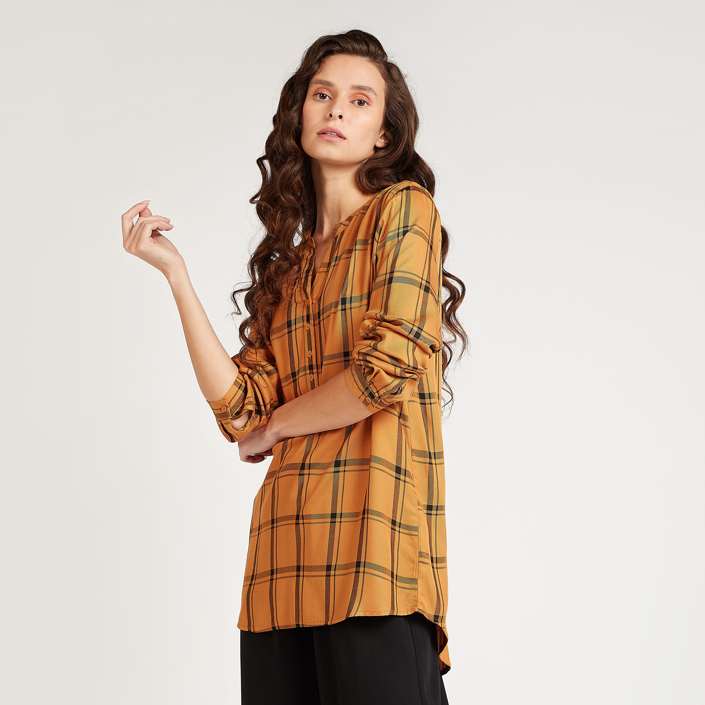 قميص مستدام طويل كاروهات بياقة ماندارين-women-clothing-shirtsandblouses-shirts-image-1