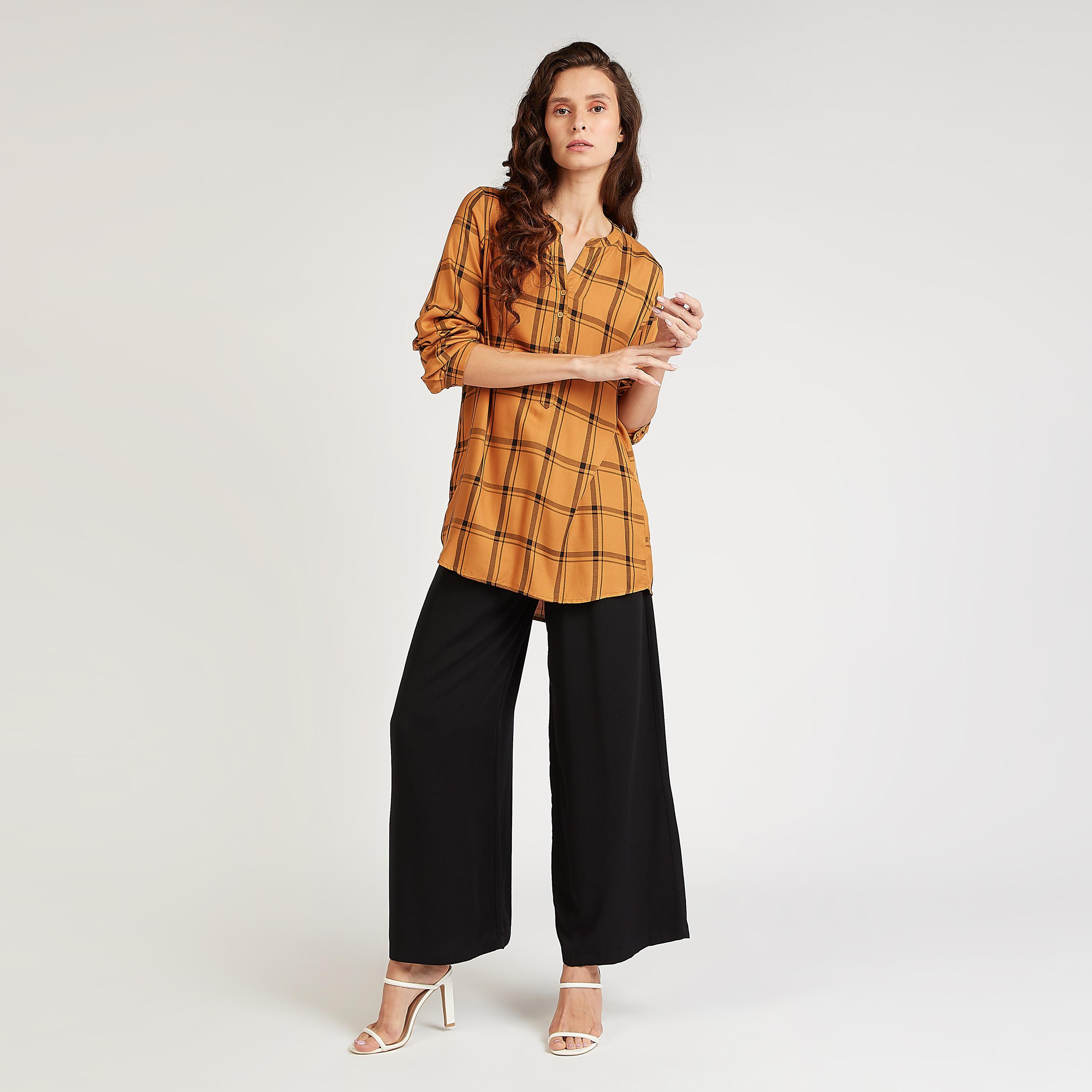 قميص مستدام طويل كاروهات بياقة ماندارين-women-clothing-shirtsandblouses-shirts-image-2
