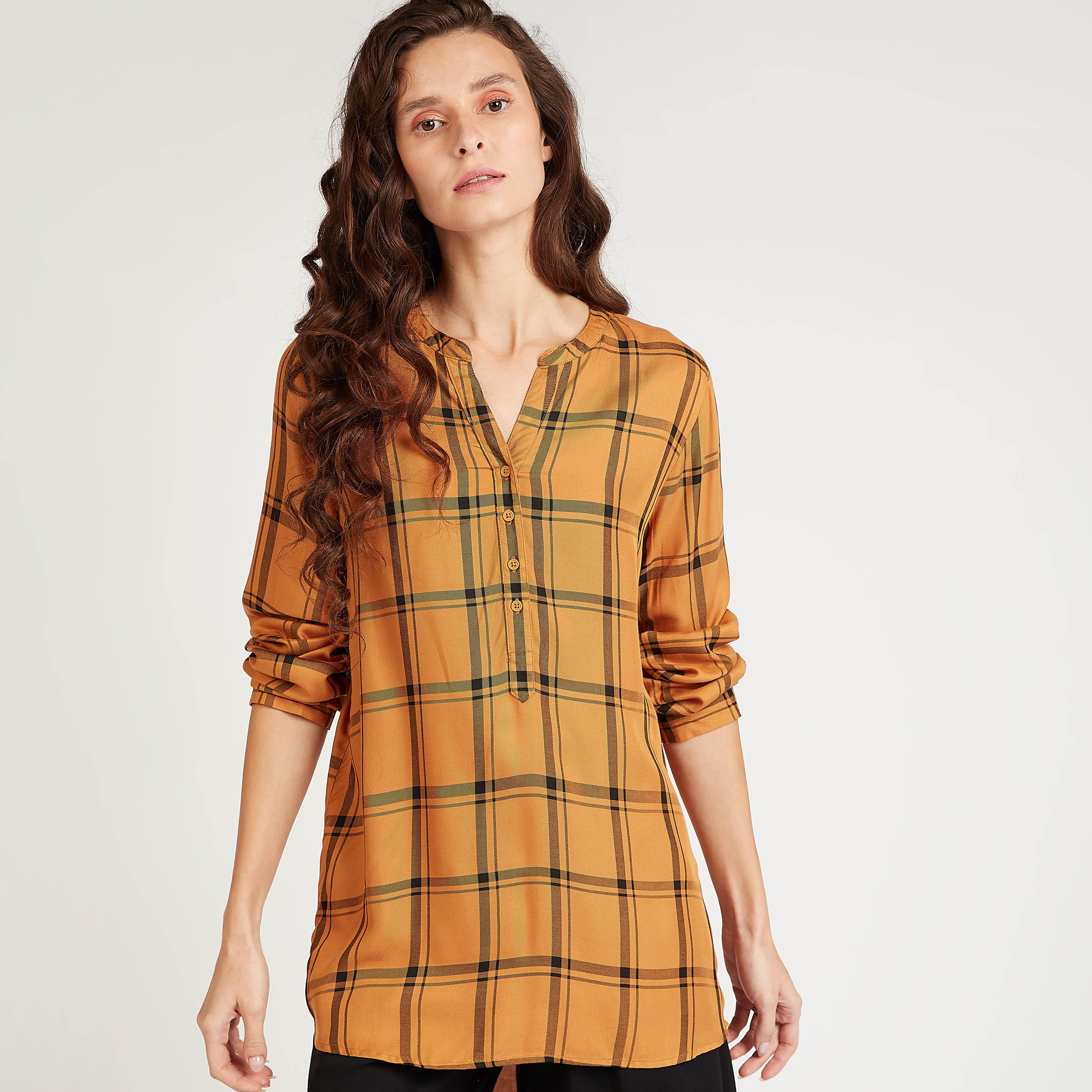 قميص مستدام طويل كاروهات بياقة ماندارين-women-clothing-shirtsandblouses-shirts-image-3