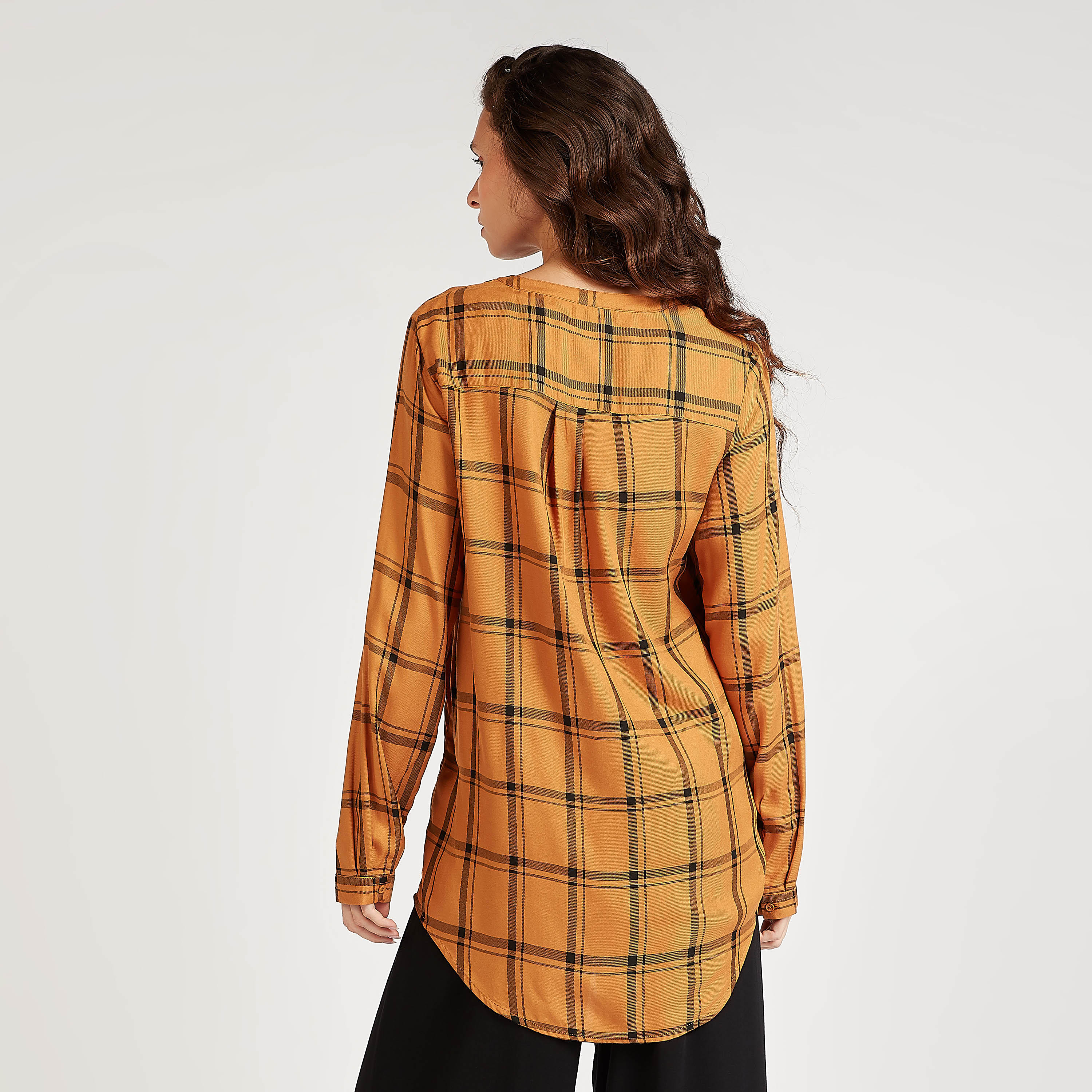 قميص مستدام طويل كاروهات بياقة ماندارين-women-clothing-shirtsandblouses-shirts-image-4