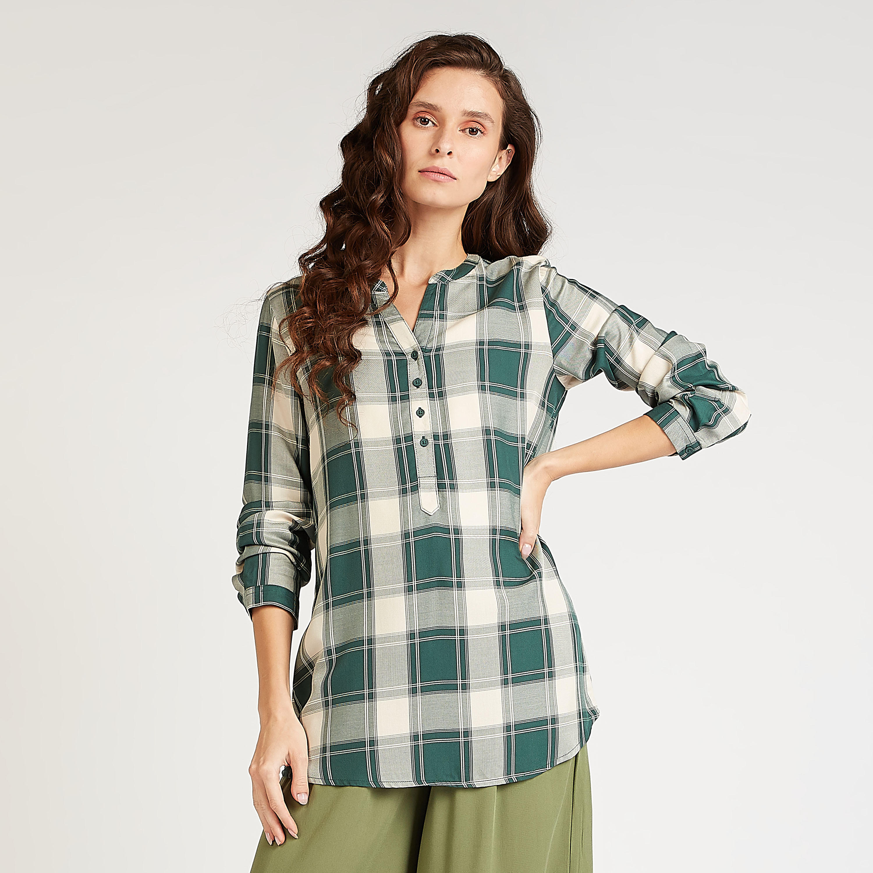 Sustainable Checked Longline Shirt with Mandarin Collar-women-clothing-shirtsandblouses-shirts-image-1