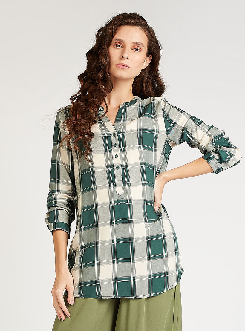 Sustainable Checked Longline Shirt with Mandarin Collar-women-clothing-shirtsandblouses-shirts-image-1