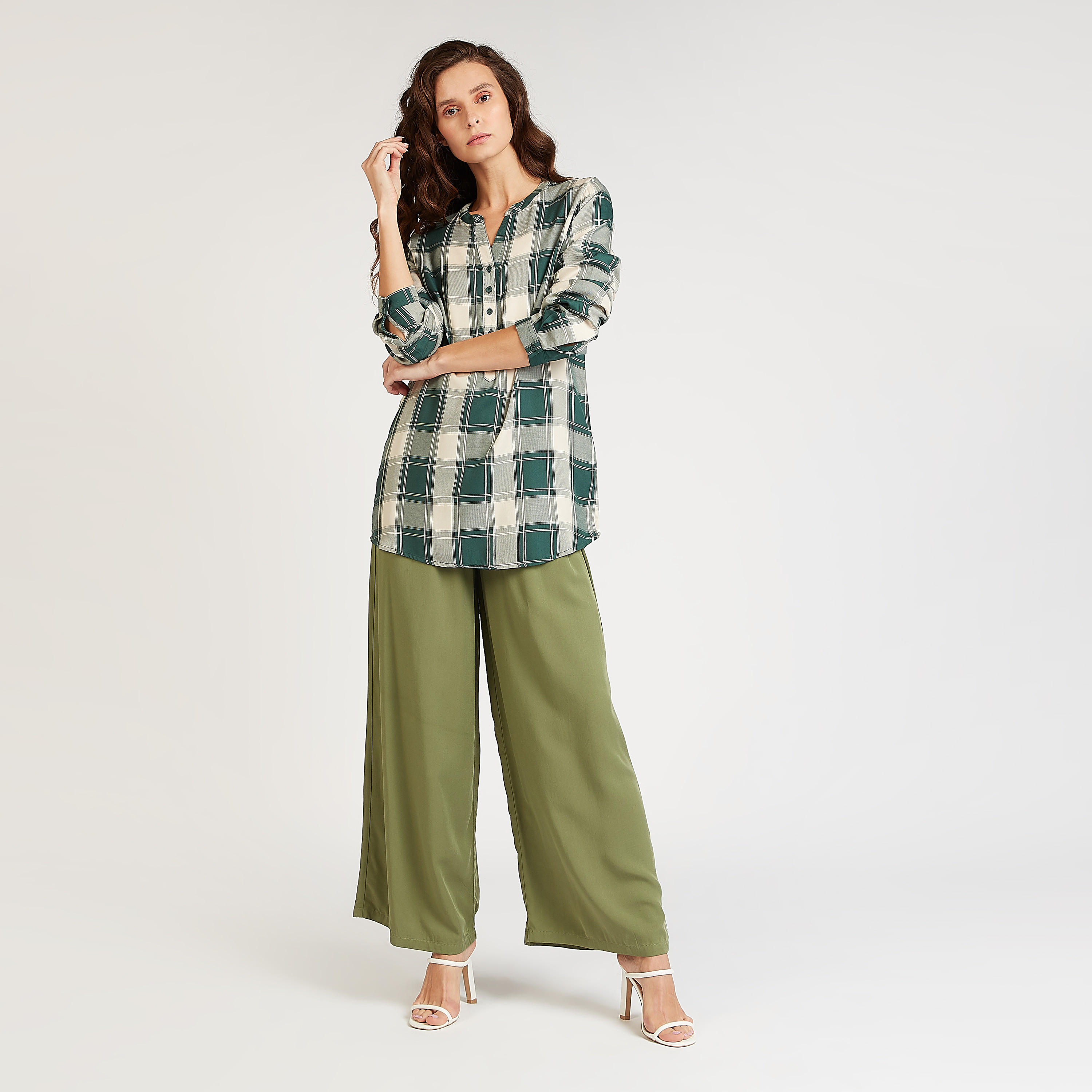 Sustainable Checked Longline Shirt with Mandarin Collar-women-clothing-shirtsandblouses-shirts-image-2