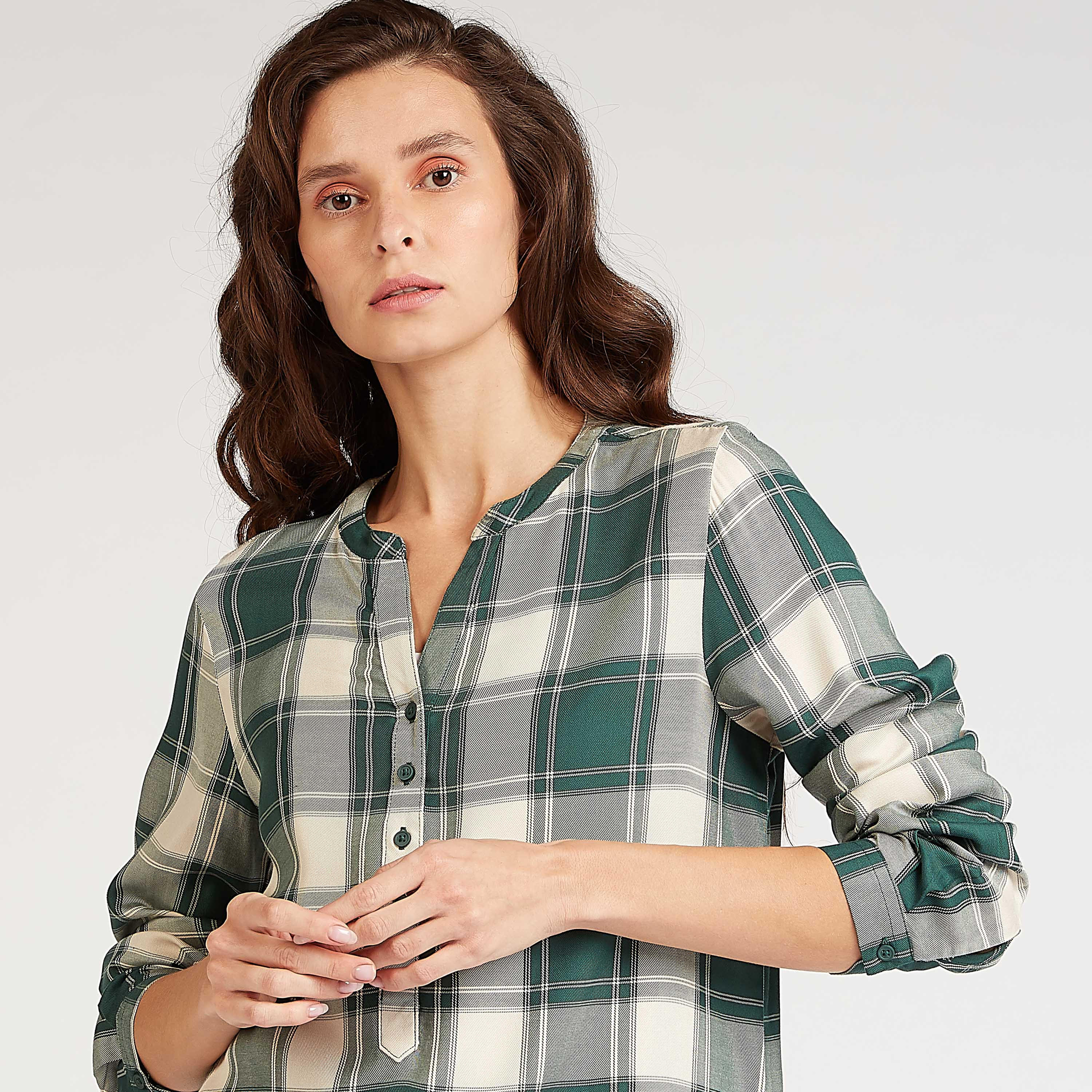 Sustainable Checked Longline Shirt with Mandarin Collar-women-clothing-shirtsandblouses-shirts-image-3