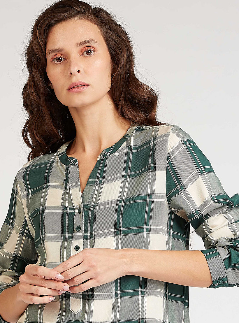 Sustainable Checked Longline Shirt with Mandarin Collar-women-clothing-shirtsandblouses-shirts-image-3