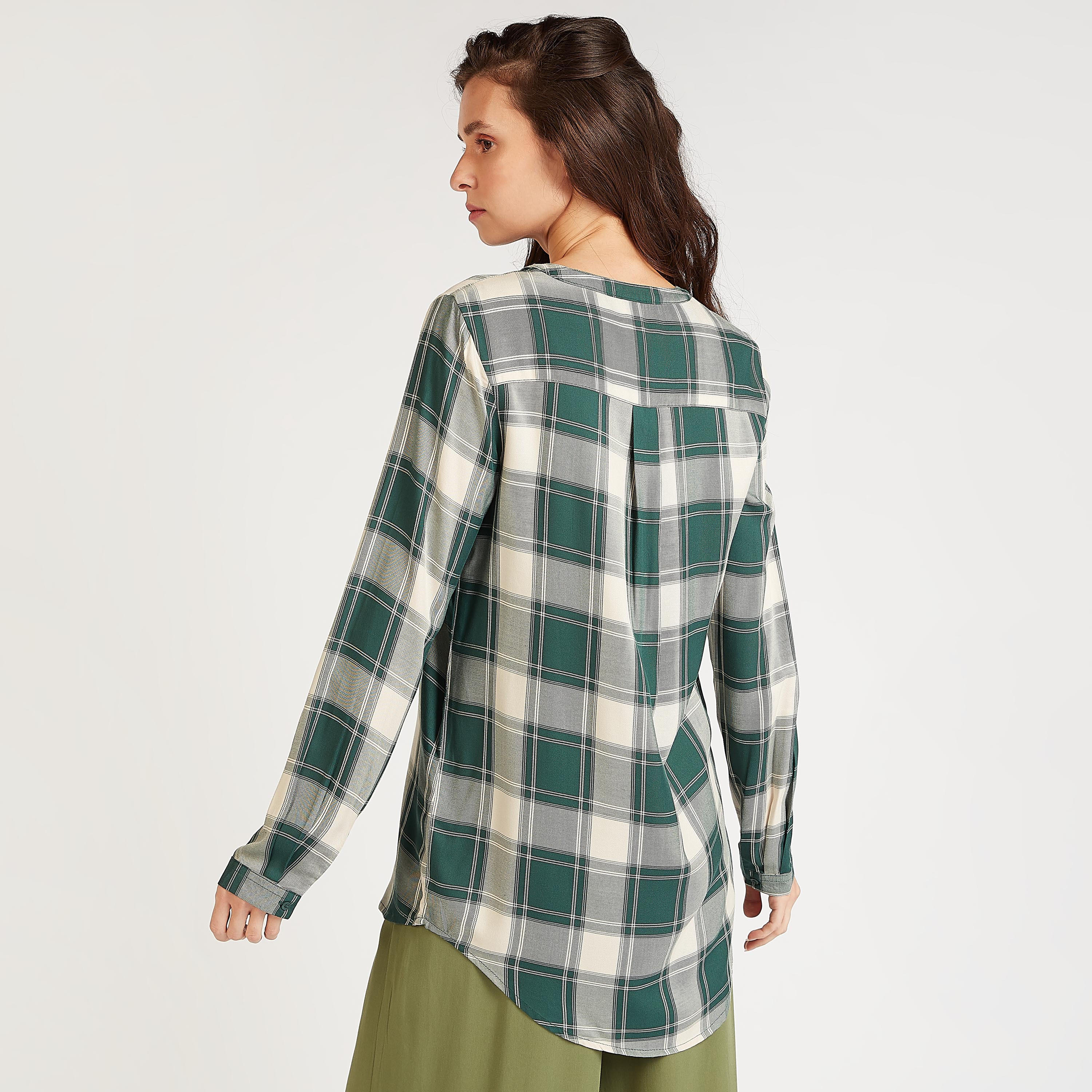 Sustainable Checked Longline Shirt with Mandarin Collar-women-clothing-shirtsandblouses-shirts-image-4