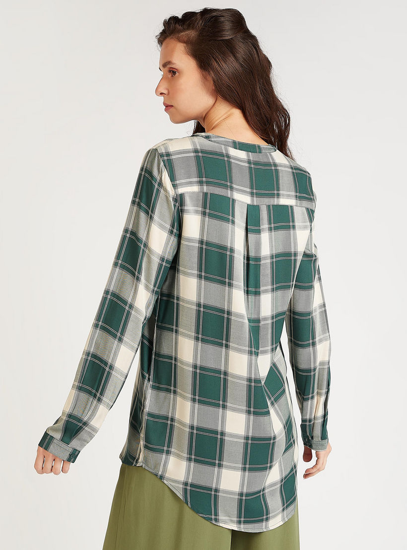 Sustainable Checked Longline Shirt with Mandarin Collar-women-clothing-shirtsandblouses-shirts-image-4