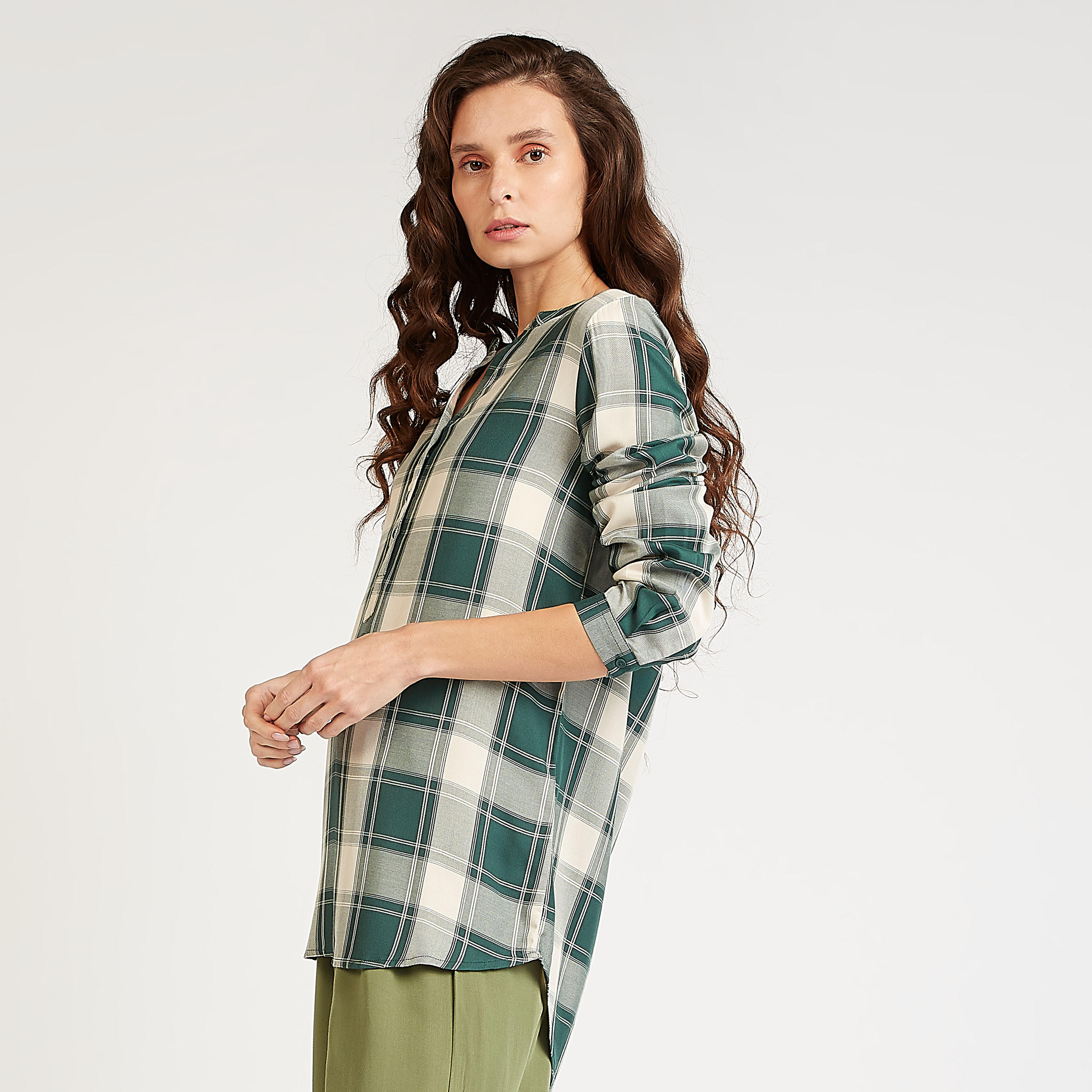 Sustainable Checked Longline Shirt with Mandarin Collar-women-clothing-shirtsandblouses-shirts-image-5