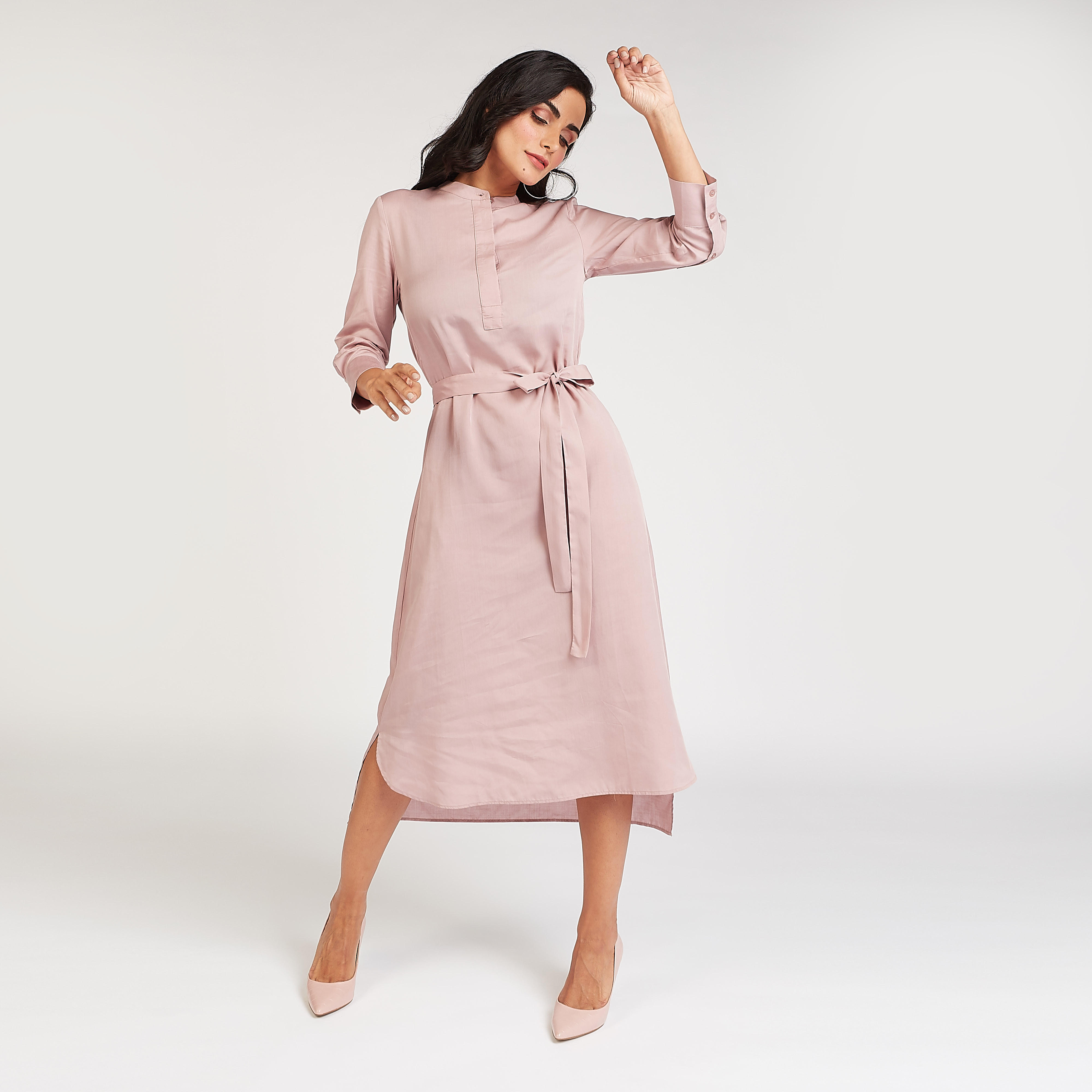 فستان قميص سادة ميدي بأربطة وأكمام 3/4-women-clothing-dresses-image-1