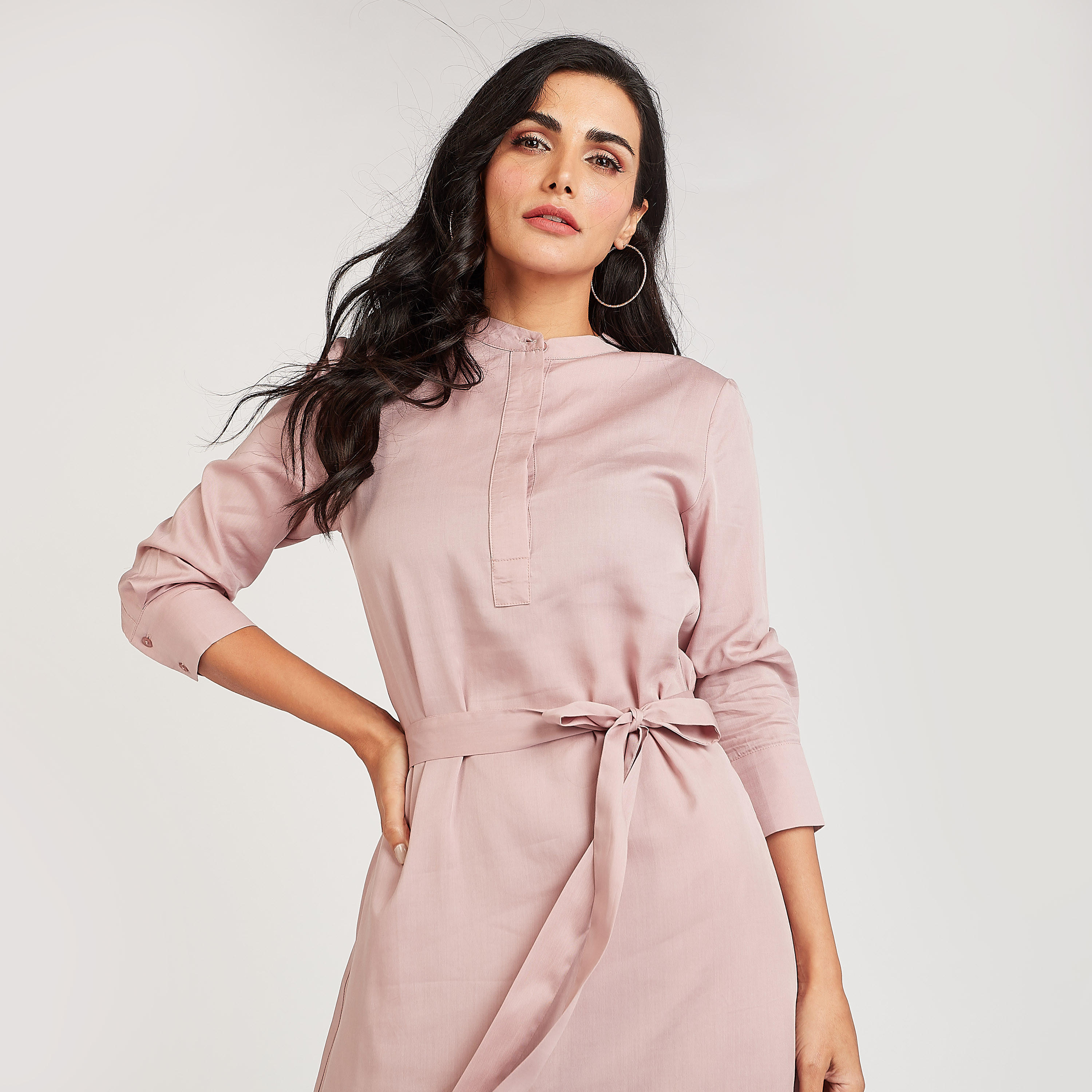 فستان قميص سادة ميدي بأربطة وأكمام 3/4-women-clothing-dresses-image-2