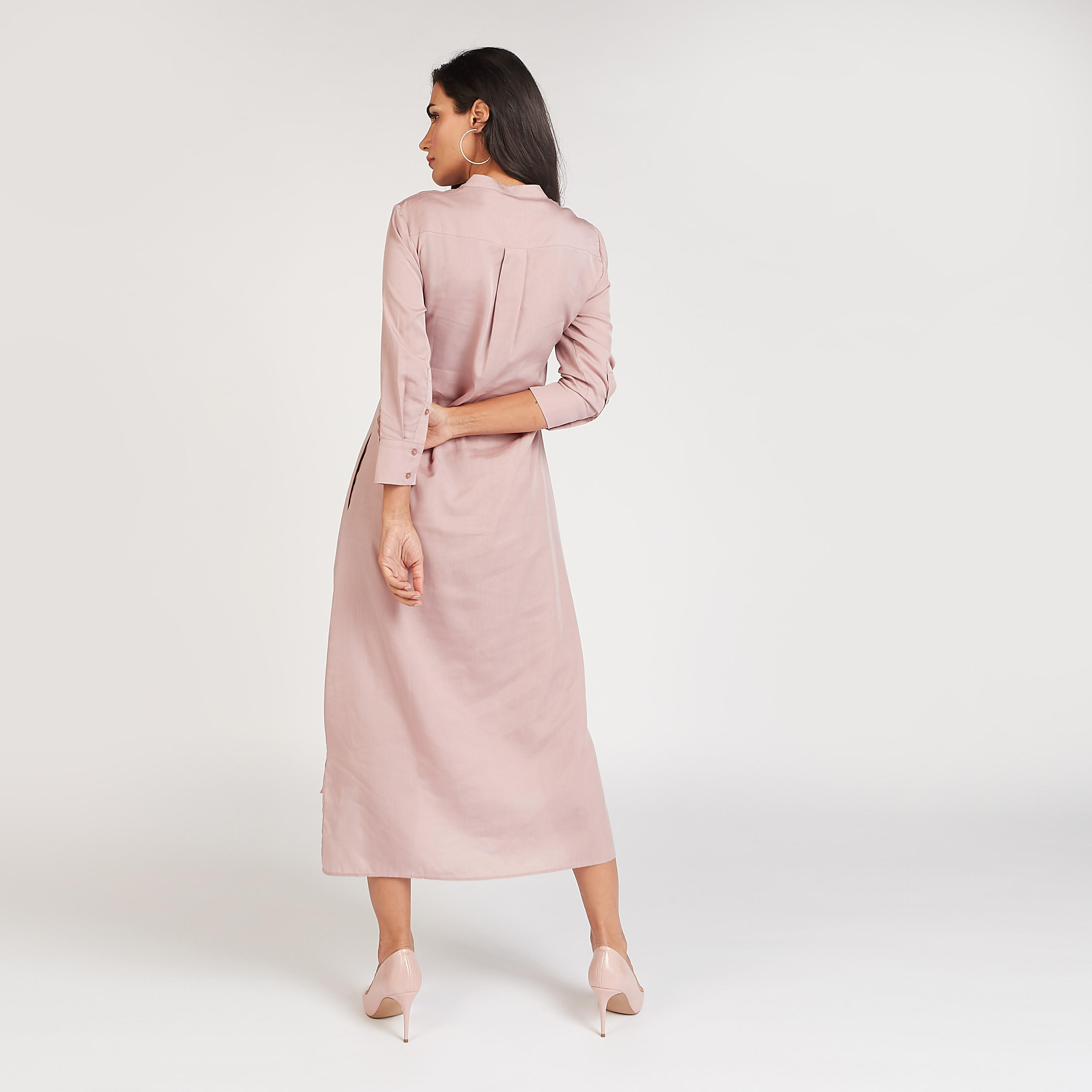 فستان قميص سادة ميدي بأربطة وأكمام 3/4-women-clothing-dresses-image-4