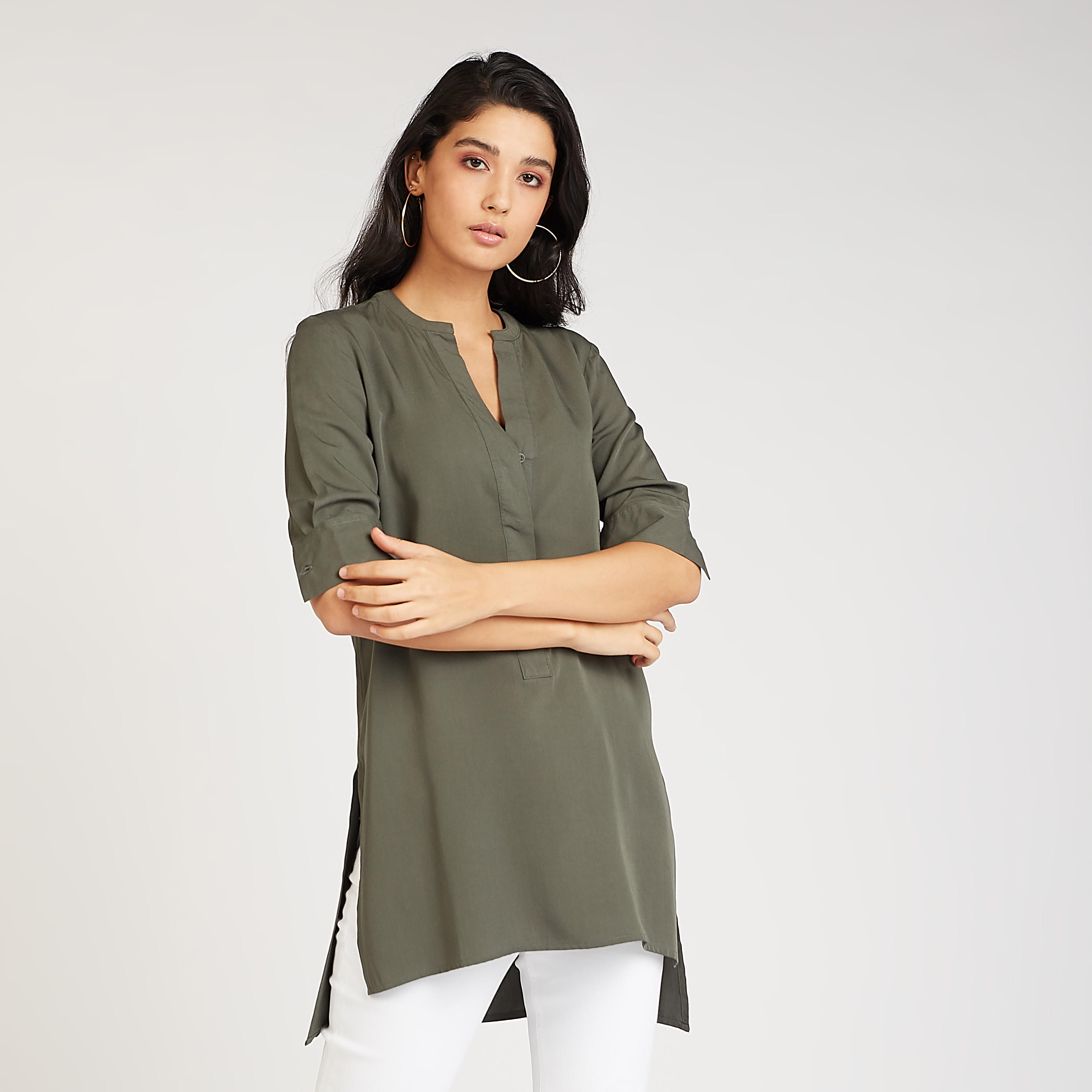 بلوزة بارزة الملمس بياقة ماندارين وأكمام قصيرة-women-clothing-shirtsandblouses-blouses-image-5