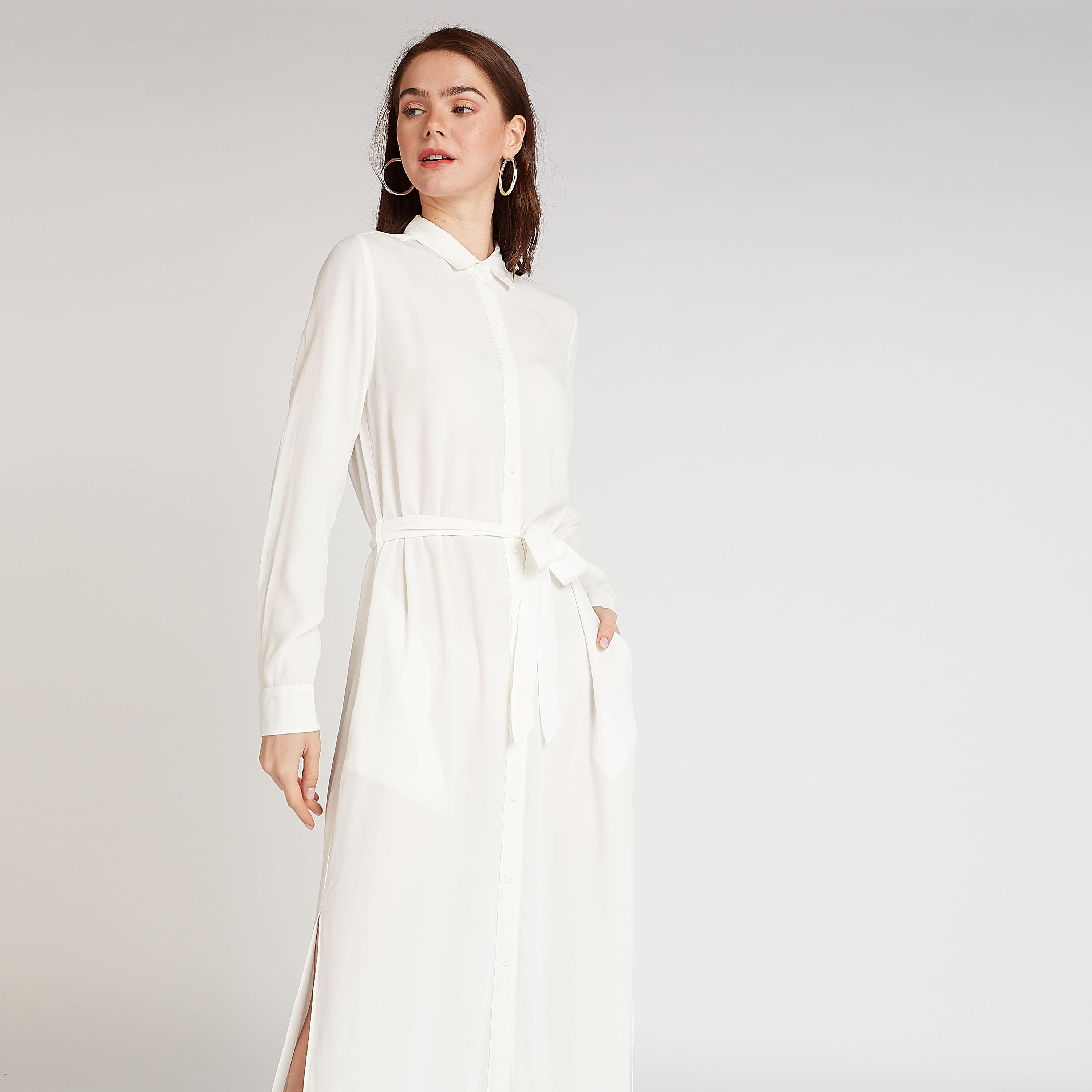 فستان قميص مستدام ميدي سادة بأكمام طويلة وأربطة-women-clothing-dresses-image-2