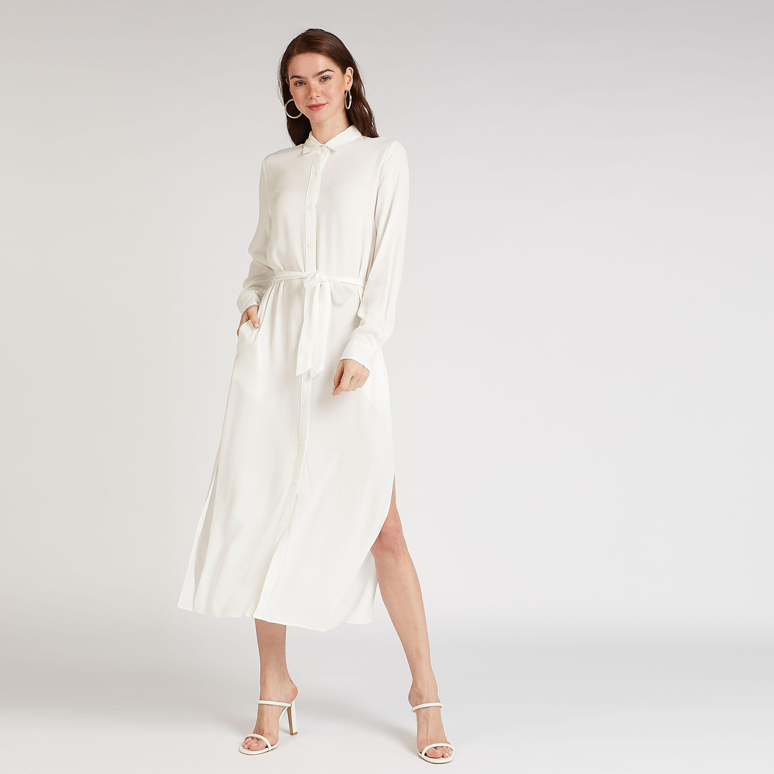 فستان قميص مستدام ميدي سادة بأكمام طويلة وأربطة-women-clothing-dresses-image-1