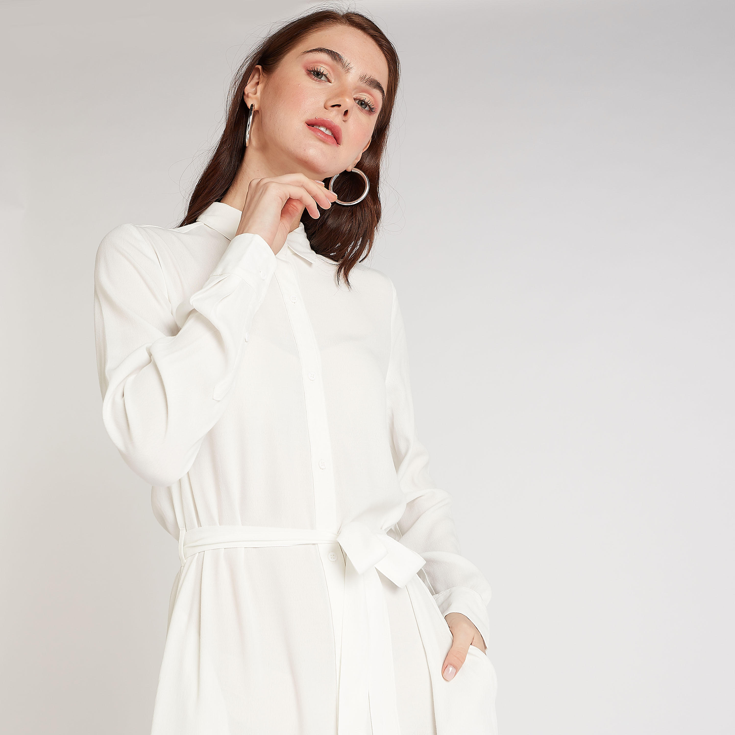 فستان قميص مستدام ميدي سادة بأكمام طويلة وأربطة-women-clothing-dresses-image-5