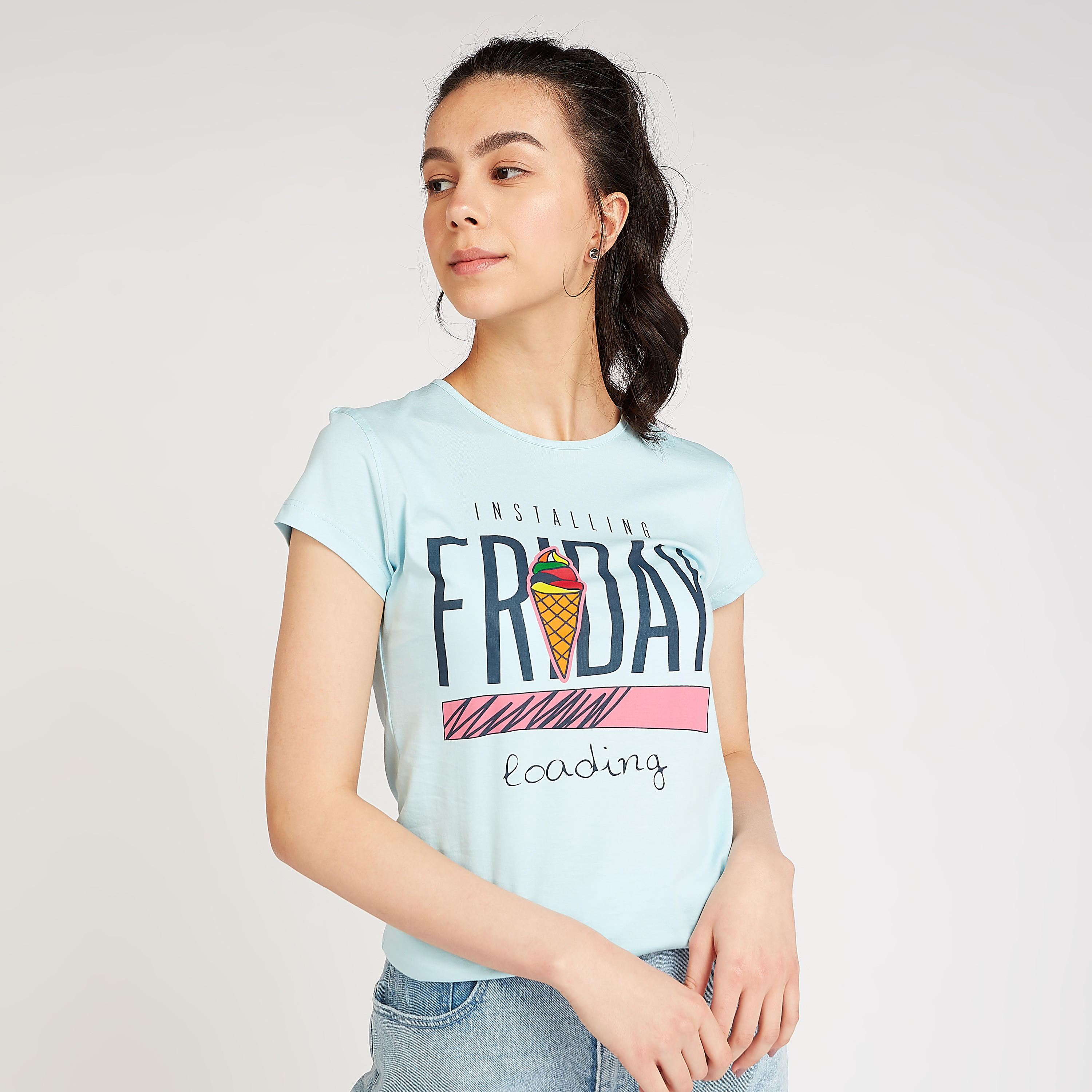 Slim Fit Graphic Print T-shirt with Round Neck and Cap Sleeves-women-clothing-tshirts-image-1