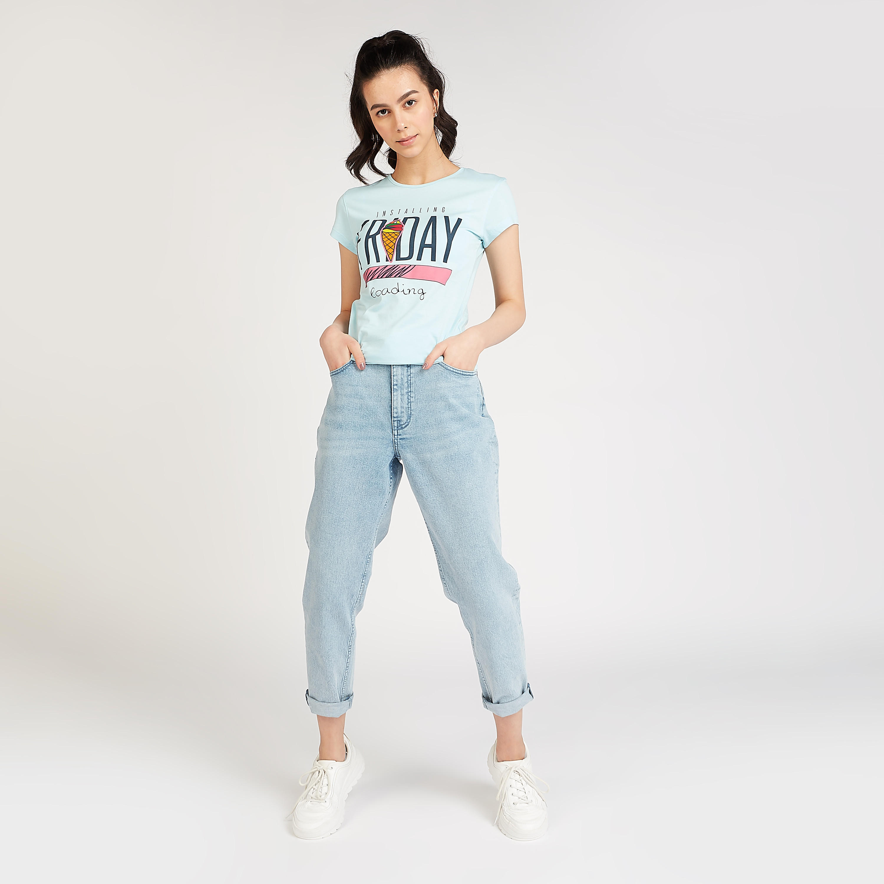 Slim Fit Graphic Print T-shirt with Round Neck and Cap Sleeves-women-clothing-tshirts-image-2