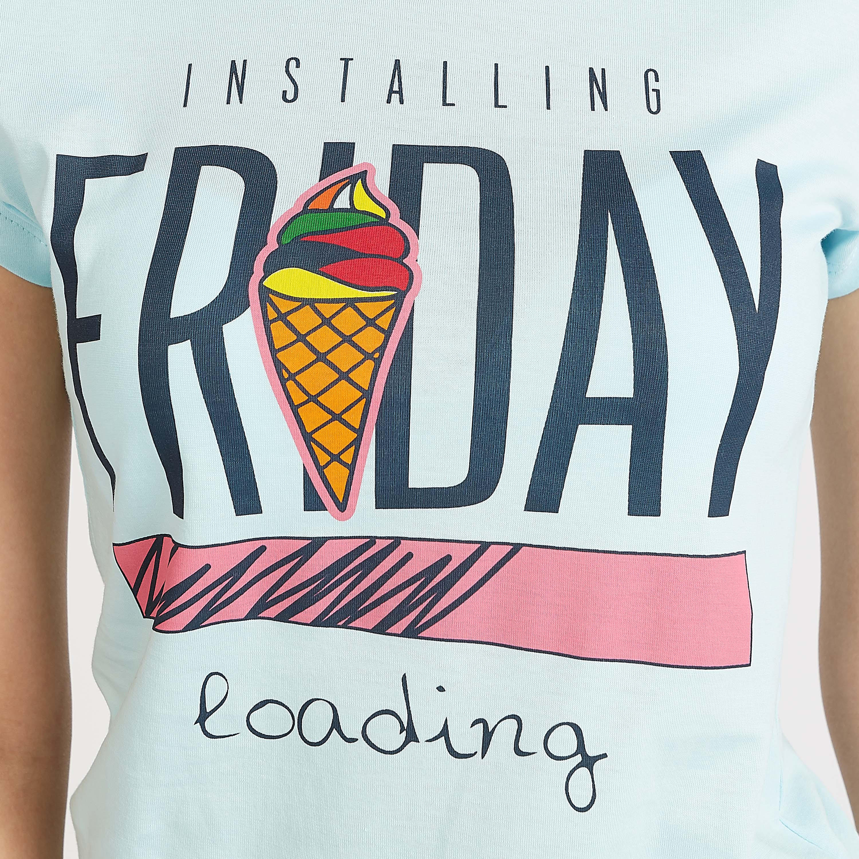 Slim Fit Graphic Print T-shirt with Round Neck and Cap Sleeves-women-clothing-tshirts-image-3