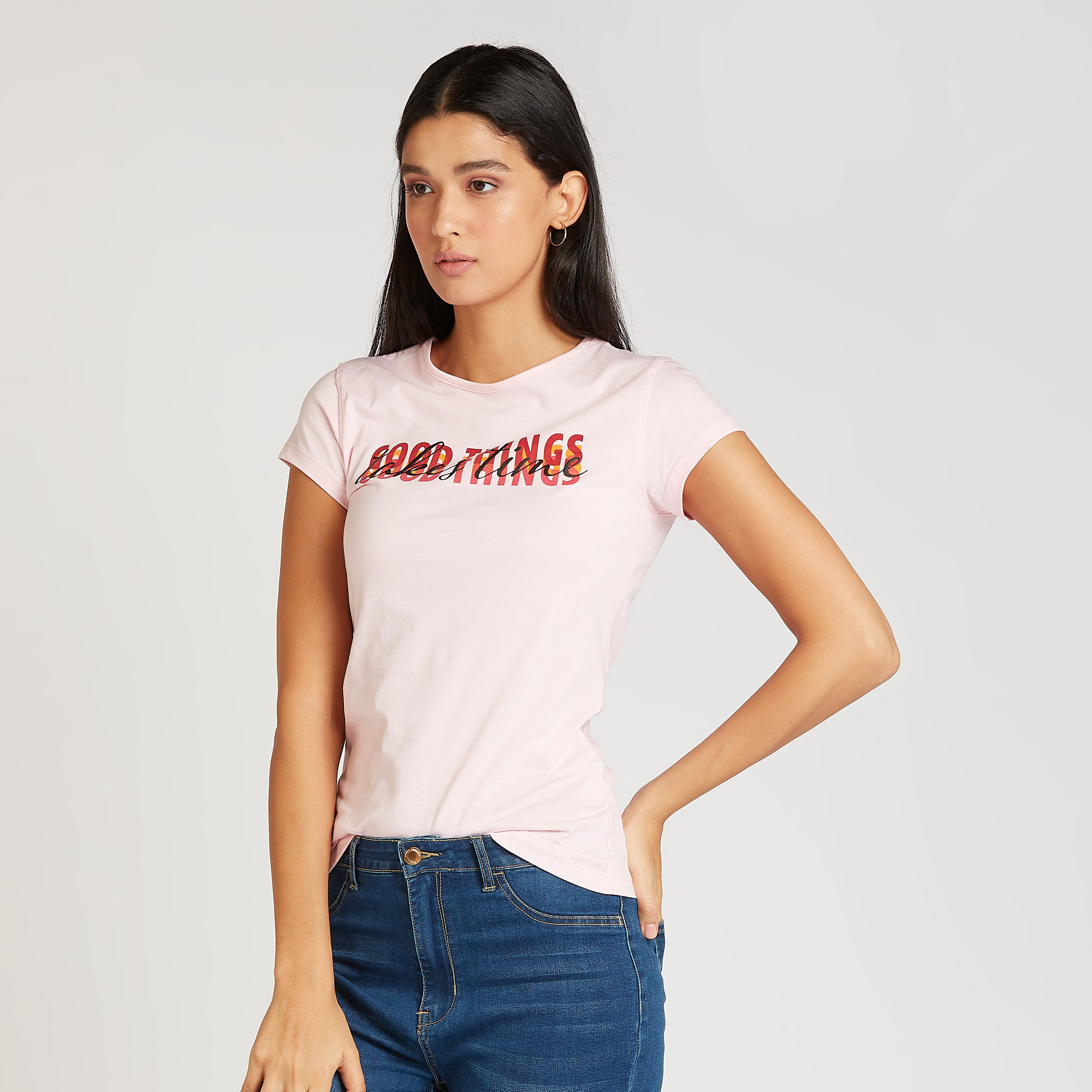 Slim Fit Typographic Print T-shirt with Crew Neck and Cap Sleeves-women-clothing-tshirts-image-1