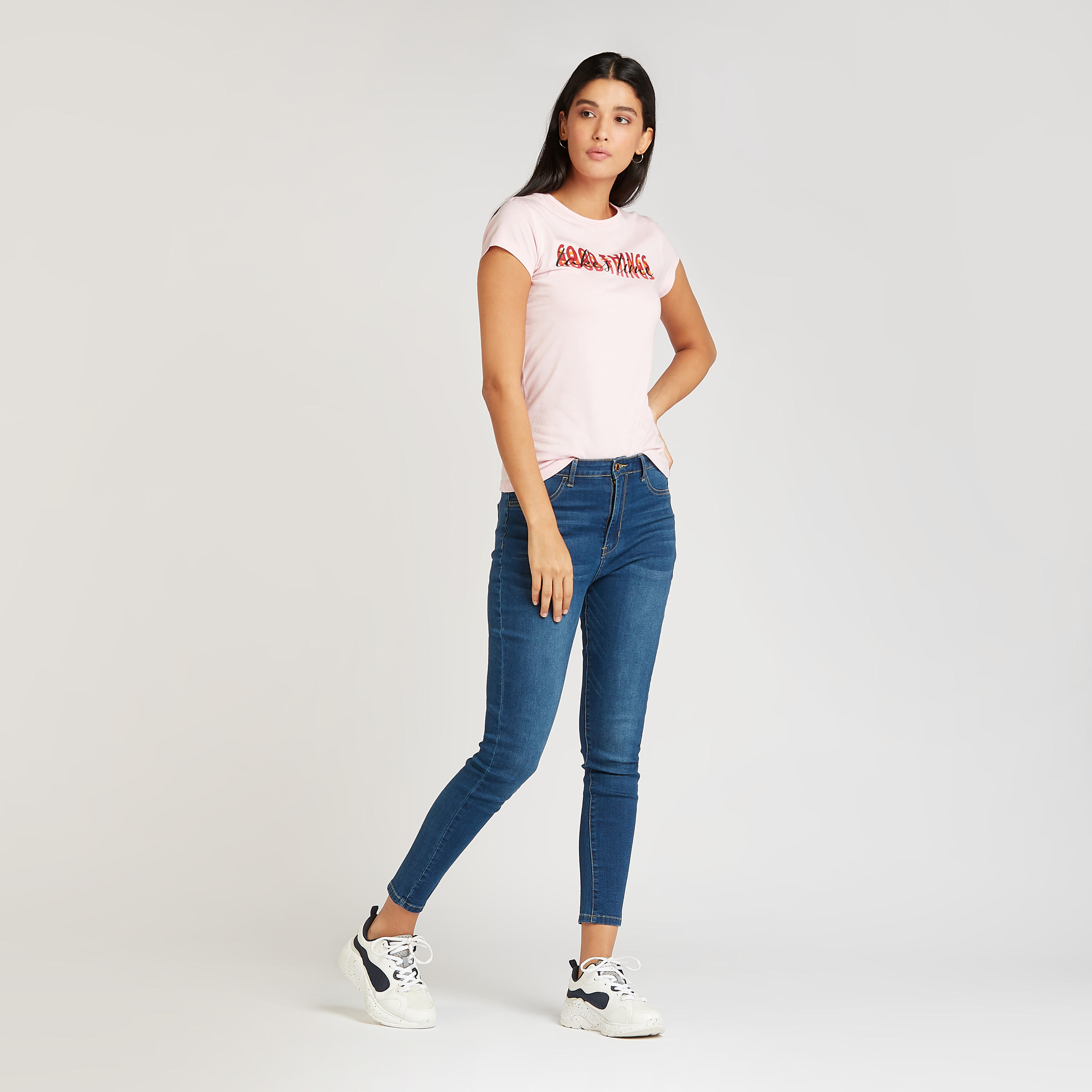 Slim Fit Typographic Print T-shirt with Crew Neck and Cap Sleeves-women-clothing-tshirts-image-2
