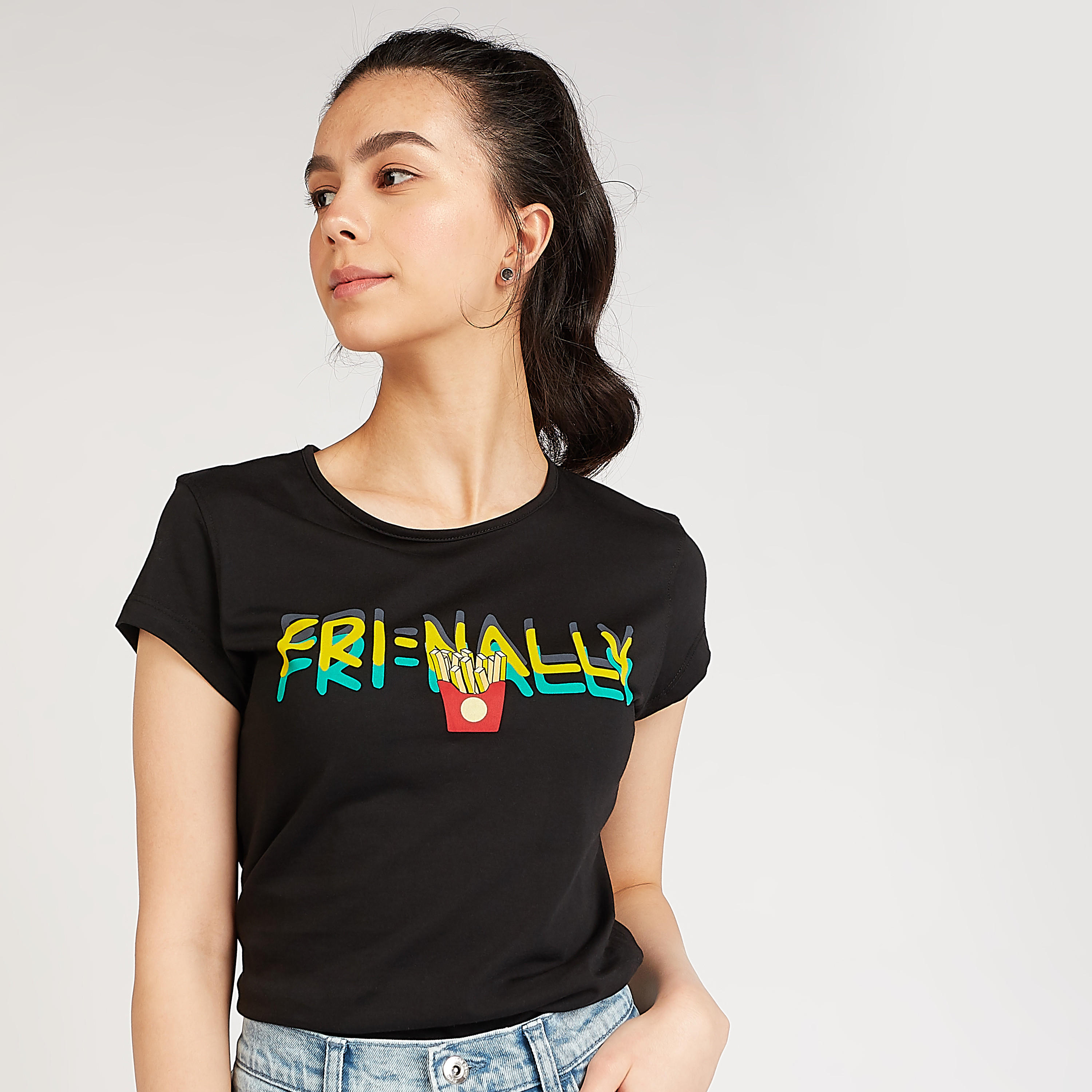Slim Fit Printed T-shirt with Crew Neck and Cap Sleeves-women-clothing-tshirts-image-1