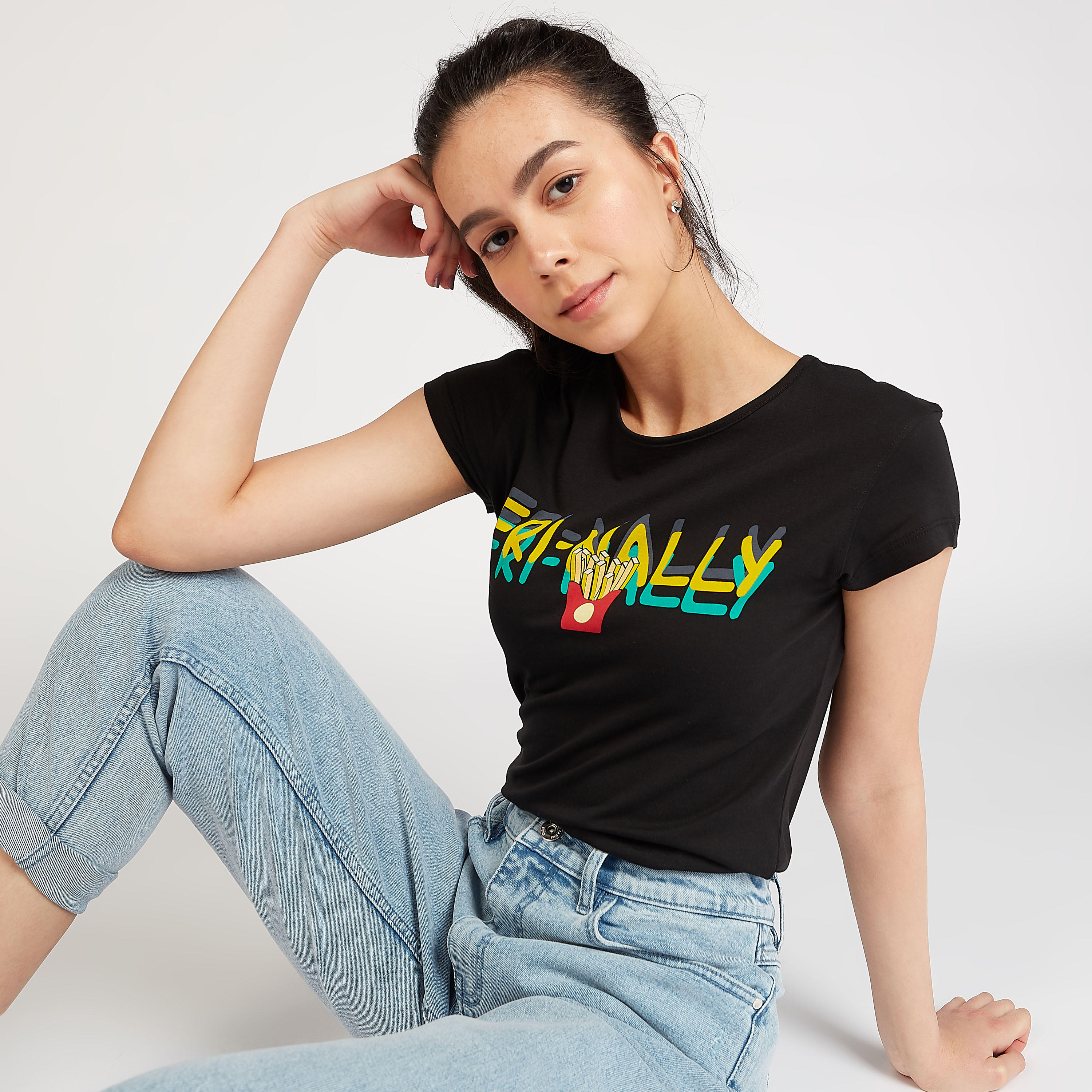 Slim Fit Printed T-shirt with Crew Neck and Cap Sleeves-women-clothing-tshirts-image-2