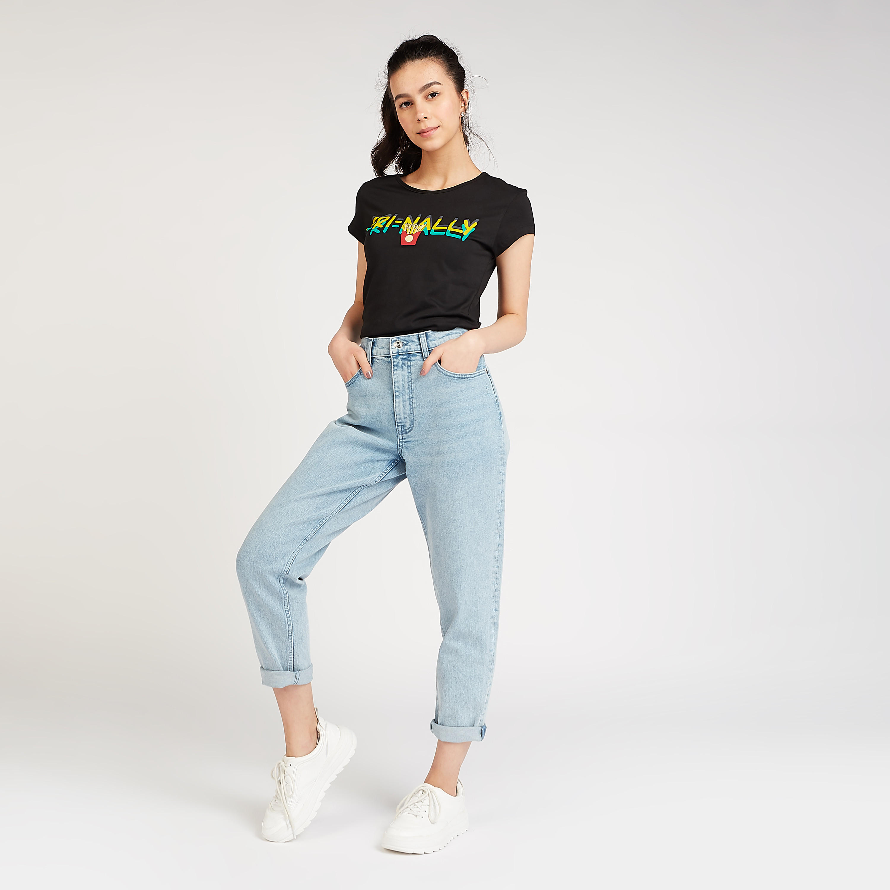 Slim Fit Printed T-shirt with Crew Neck and Cap Sleeves-women-clothing-tshirts-image-3