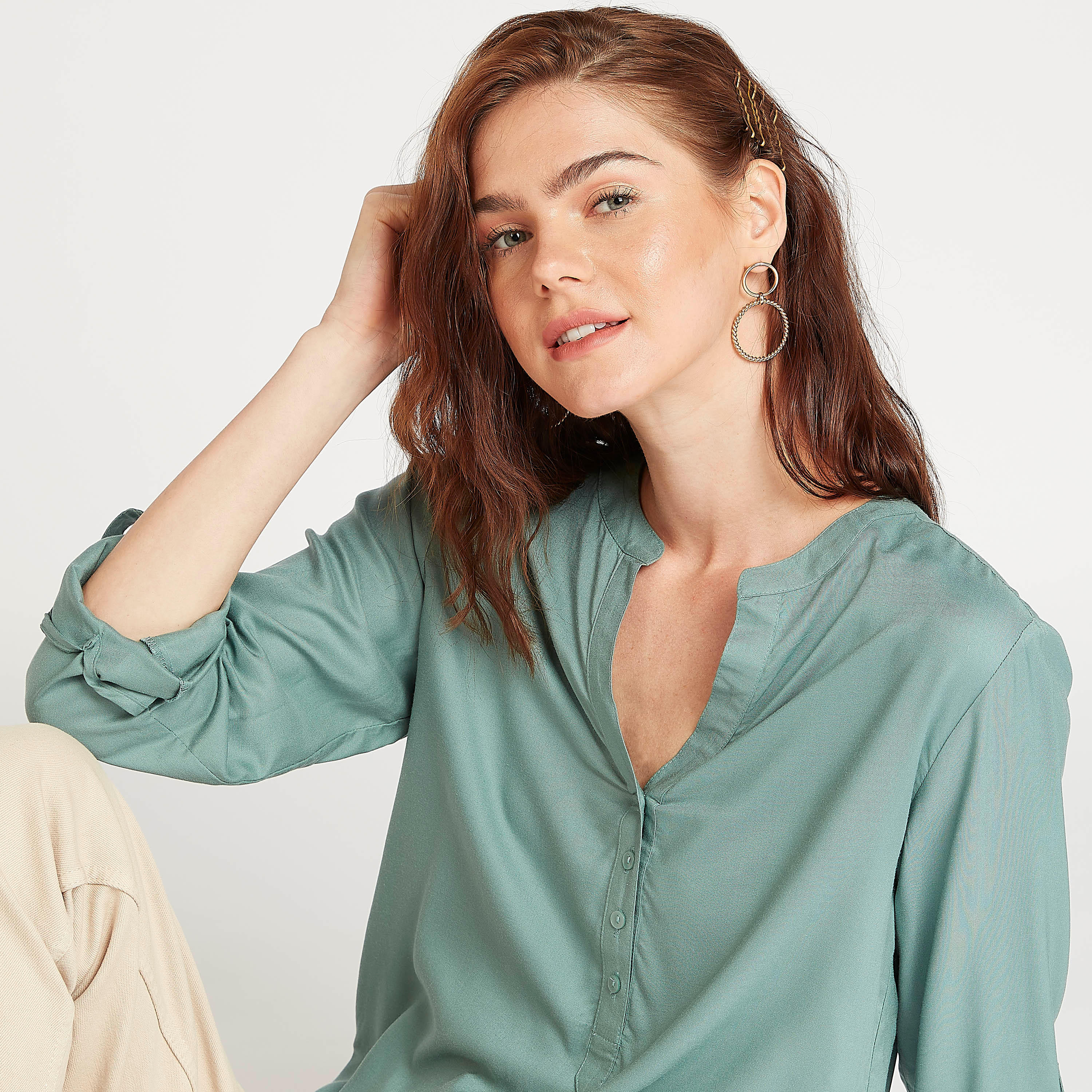 Sustainable Solid Mandarin Neck Top with Long Sleeves-women-clothing-shirtsandblouses-blouses-image-2