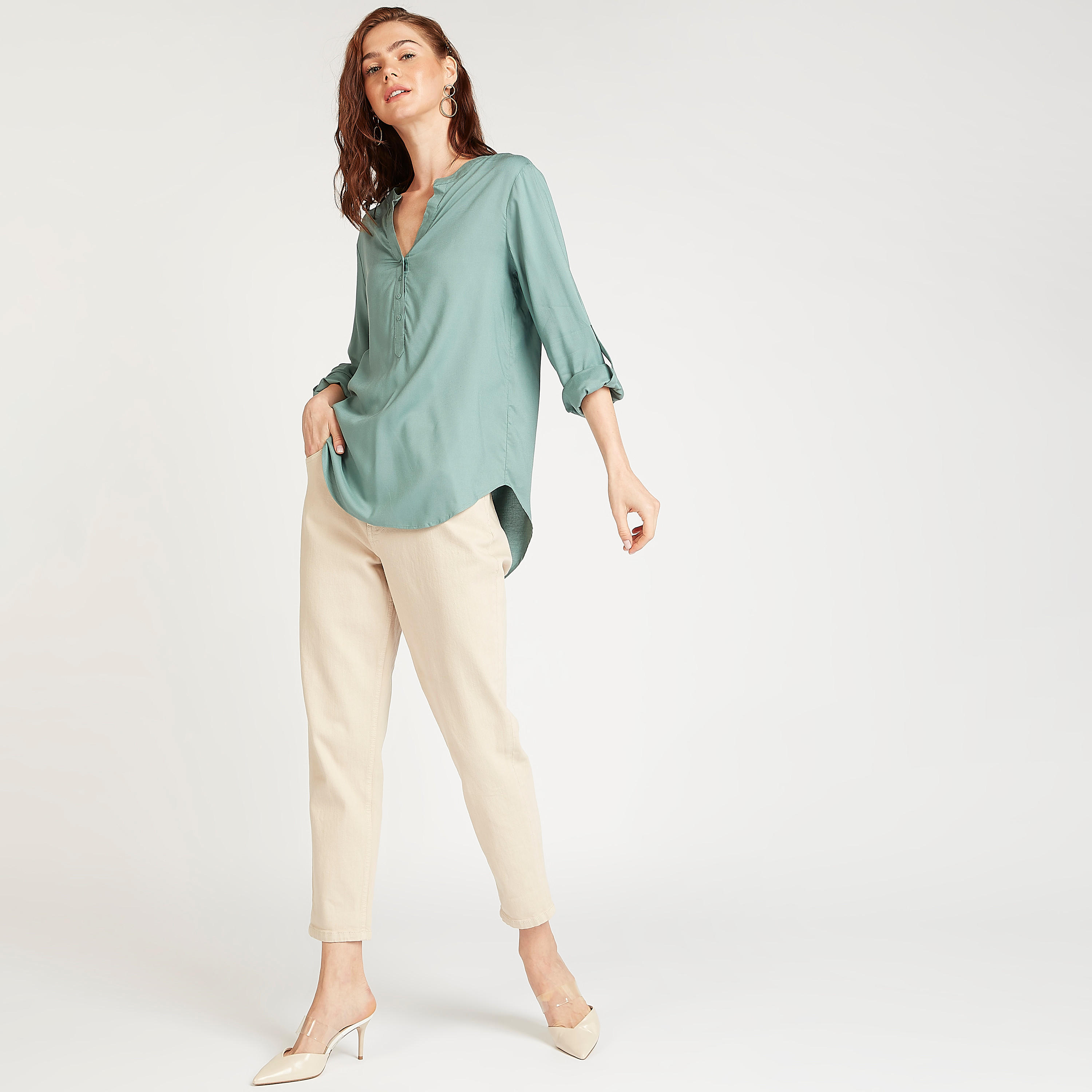 Sustainable Solid Mandarin Neck Top with Long Sleeves-women-clothing-shirtsandblouses-blouses-image-3