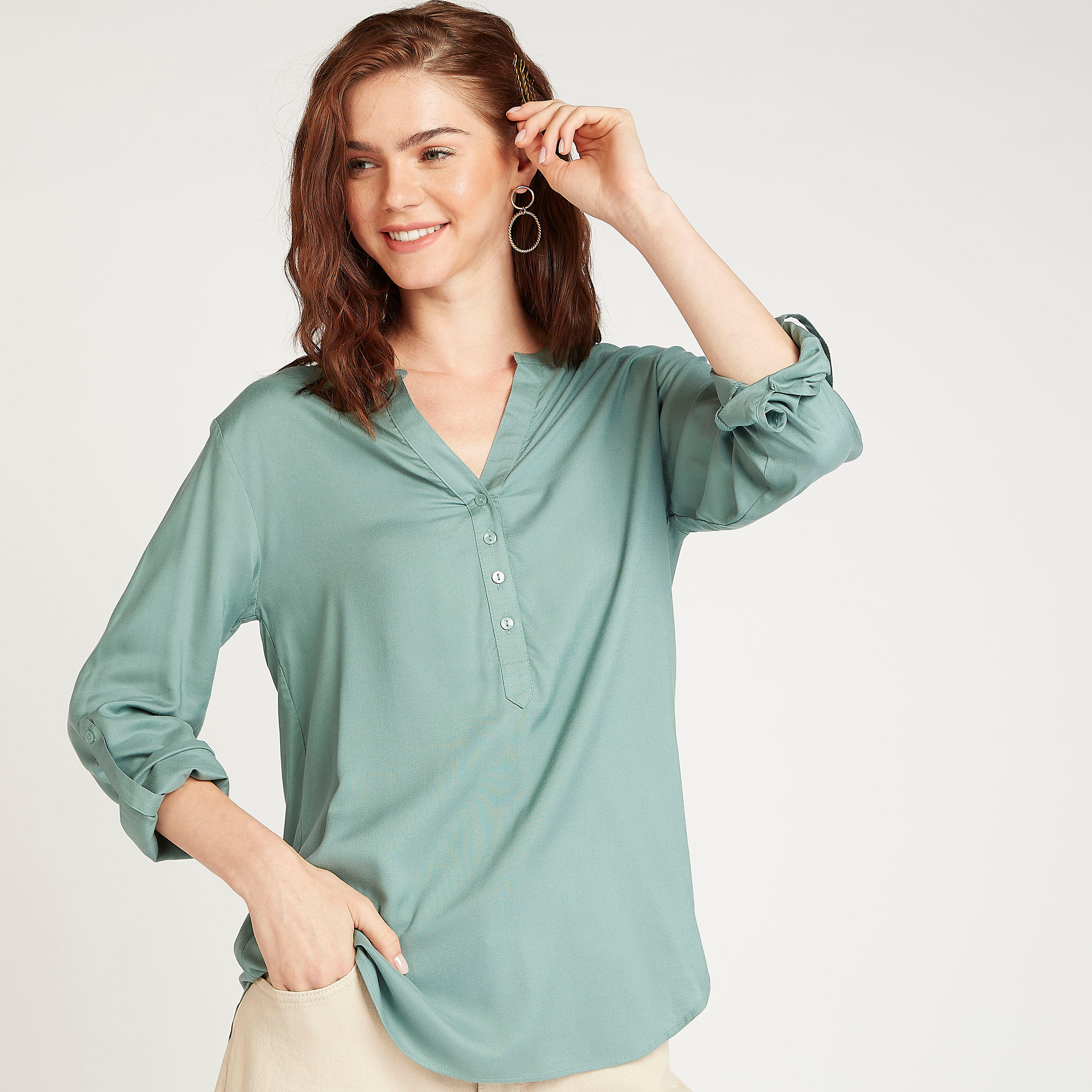 Sustainable Solid Mandarin Neck Top with Long Sleeves-women-clothing-shirtsandblouses-blouses-image-1