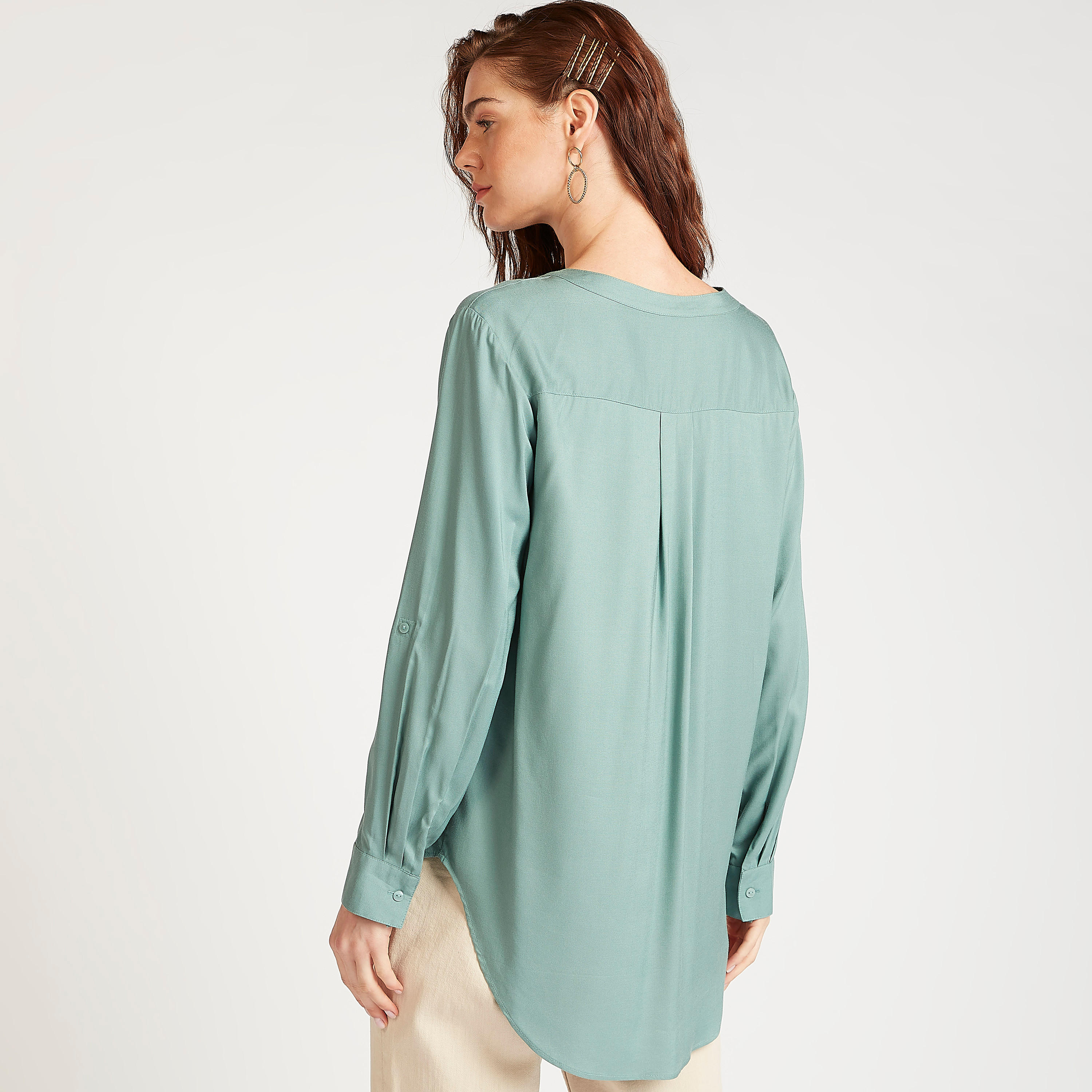 Sustainable Solid Mandarin Neck Top with Long Sleeves-women-clothing-shirtsandblouses-blouses-image-4