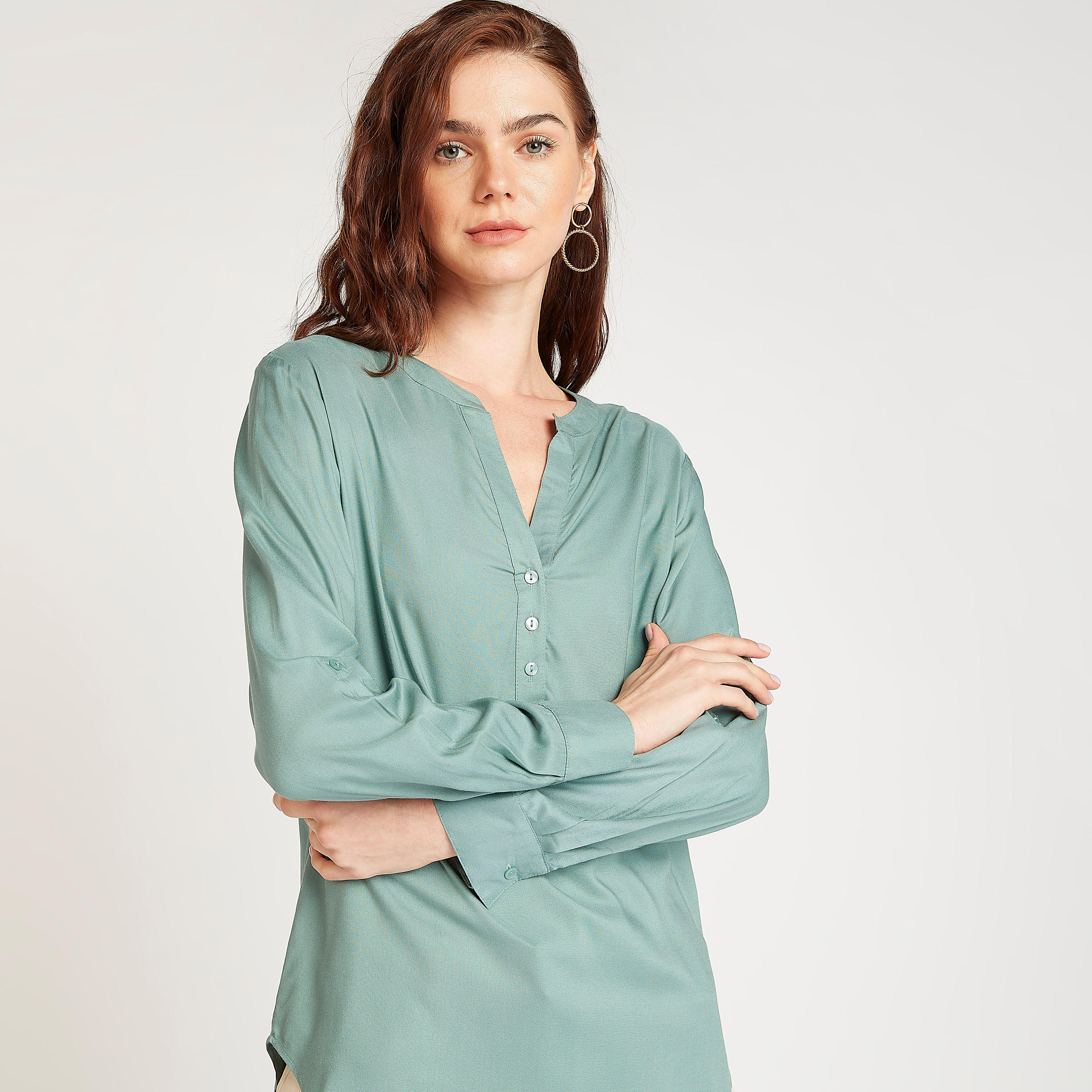 Sustainable Solid Mandarin Neck Top with Long Sleeves-women-clothing-shirtsandblouses-blouses-image-5