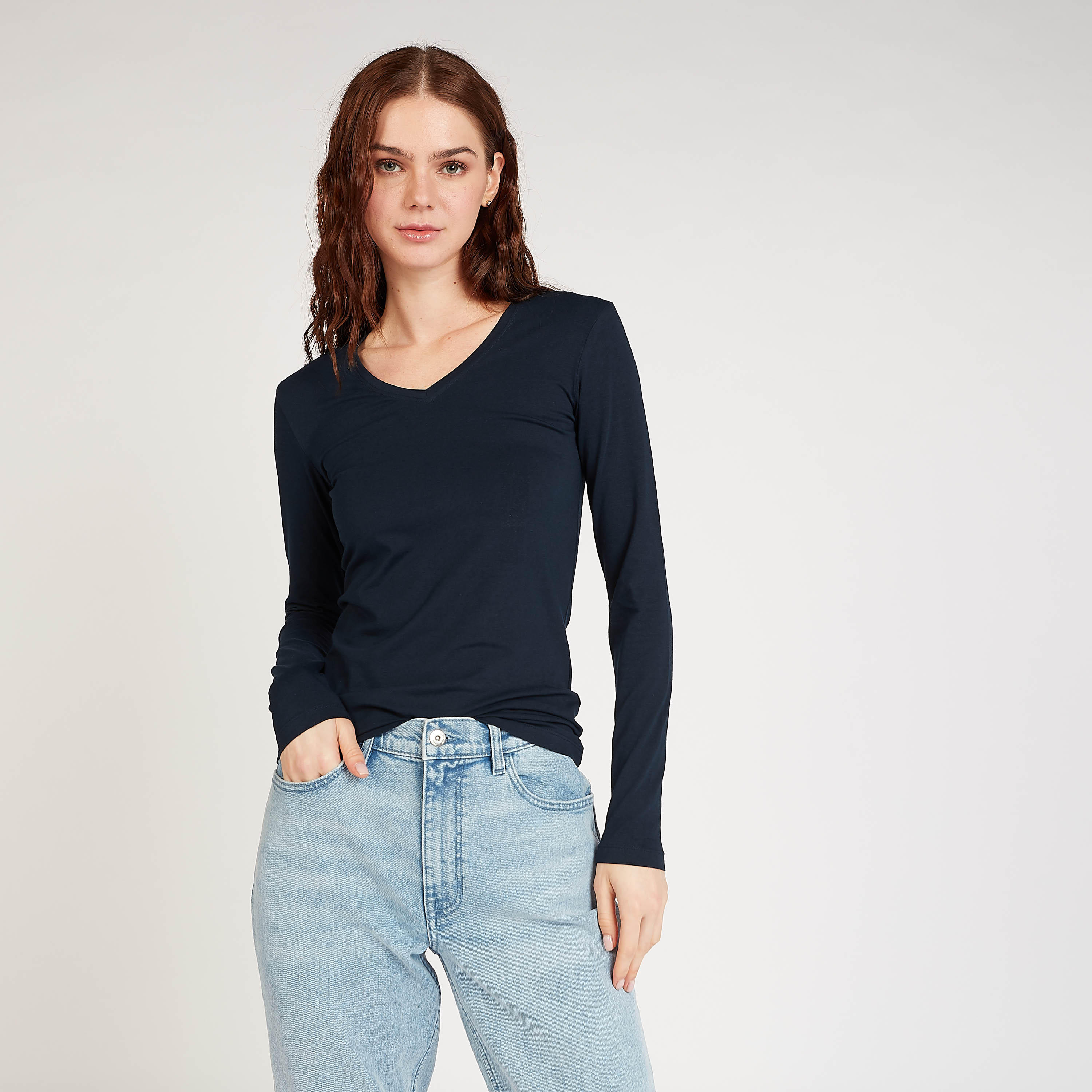 Sustainable Solid T-shirt with V-neck and Long Sleeves-women-clothing-tshirts-image-1