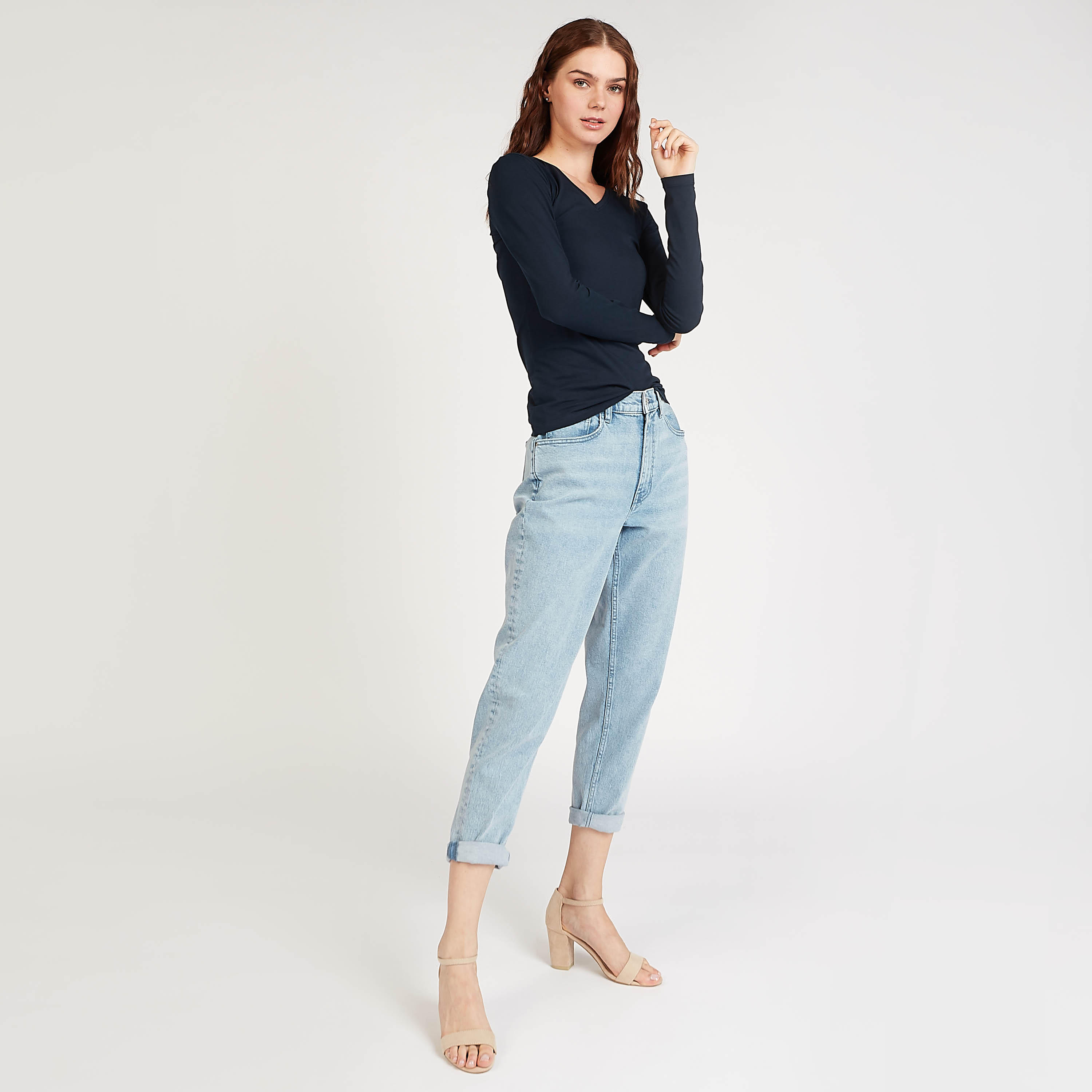 Sustainable Solid T-shirt with V-neck and Long Sleeves-women-clothing-tshirts-image-2
