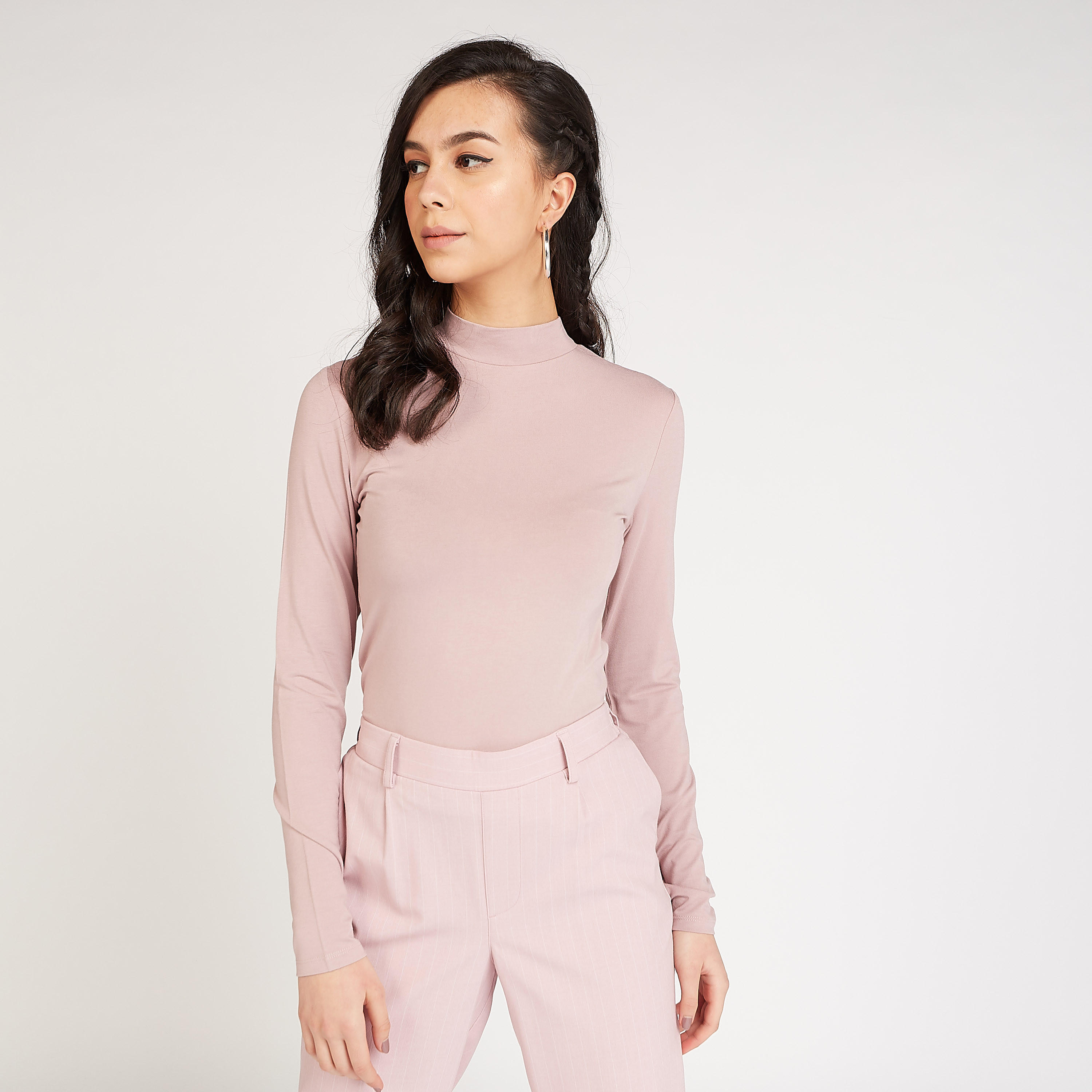 Sustainable Solid High Neck T-shirt with Long Sleeves-women-clothing-tshirts-image-1