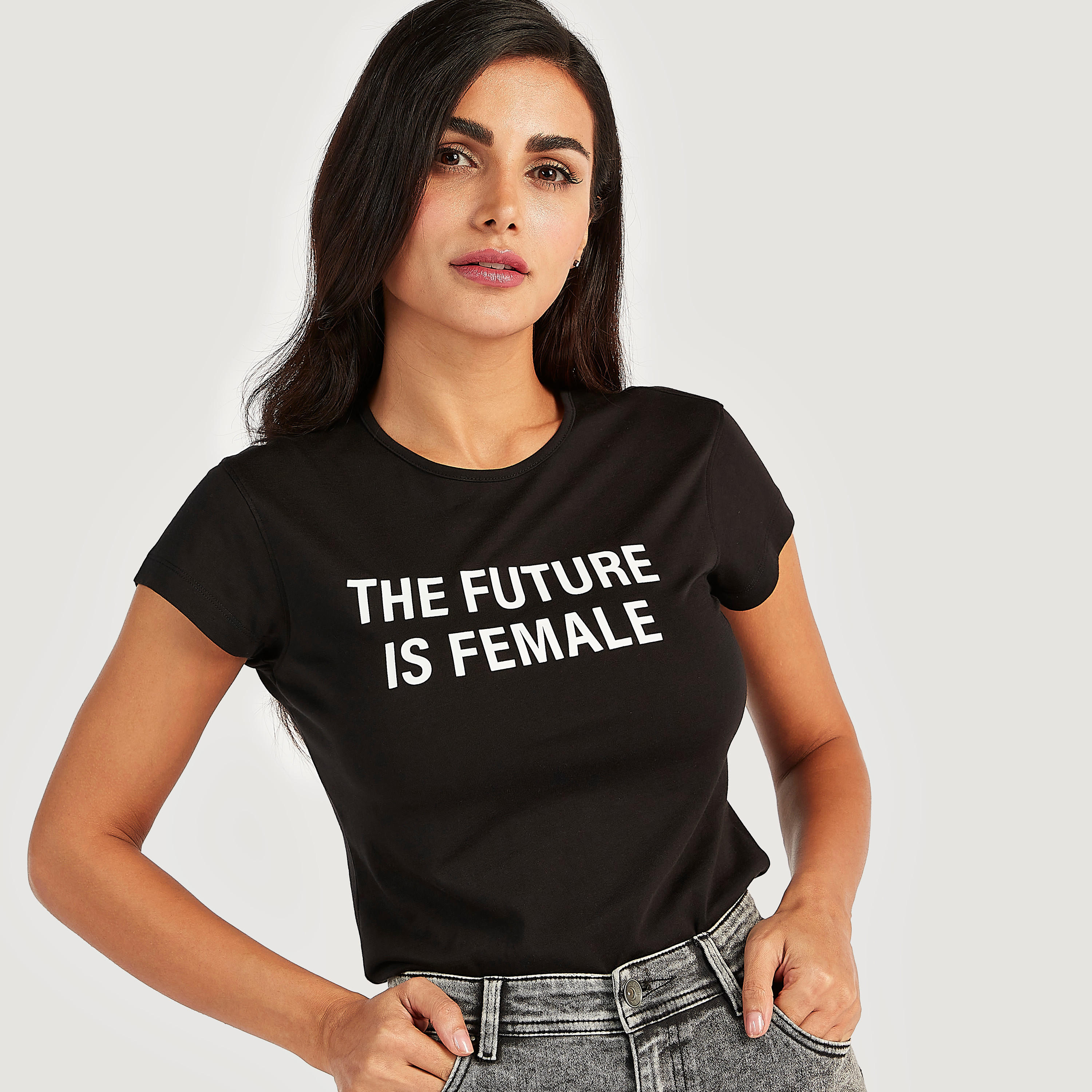 Slogan Print T-shirt with Cap Sleeves and Round Neck-women-clothing-tshirts-image-1
