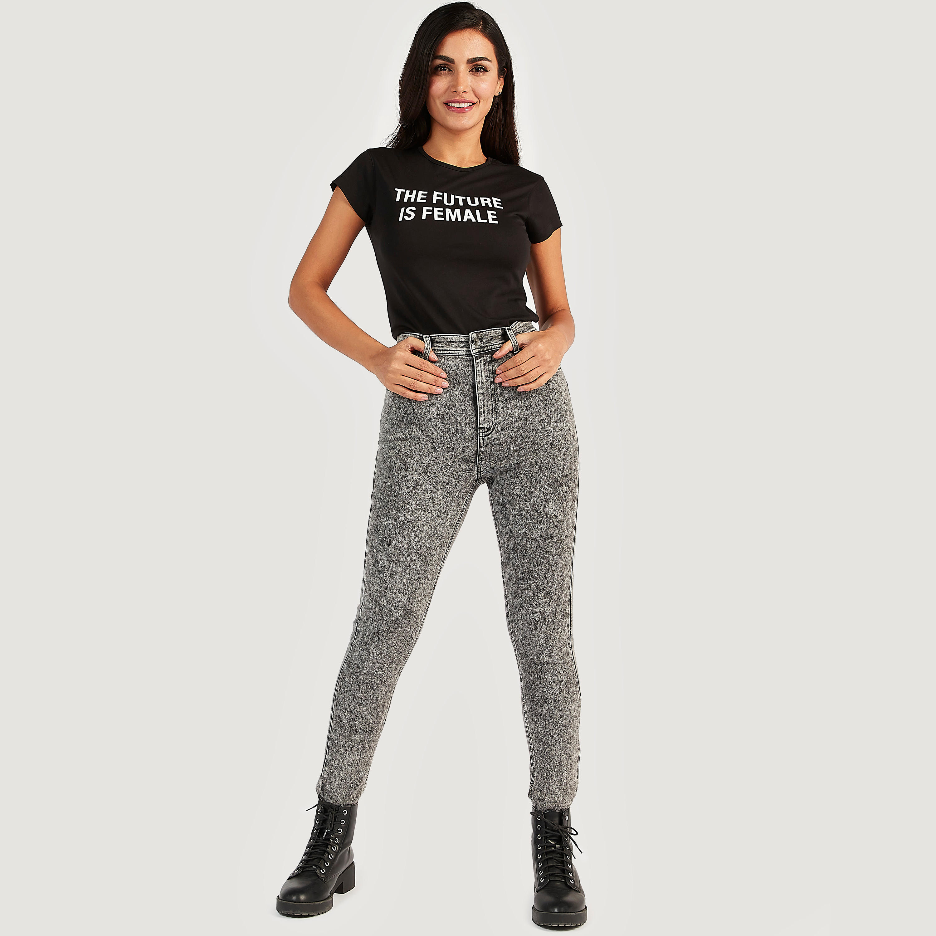 Slogan Print T-shirt with Cap Sleeves and Round Neck-women-clothing-tshirts-image-2