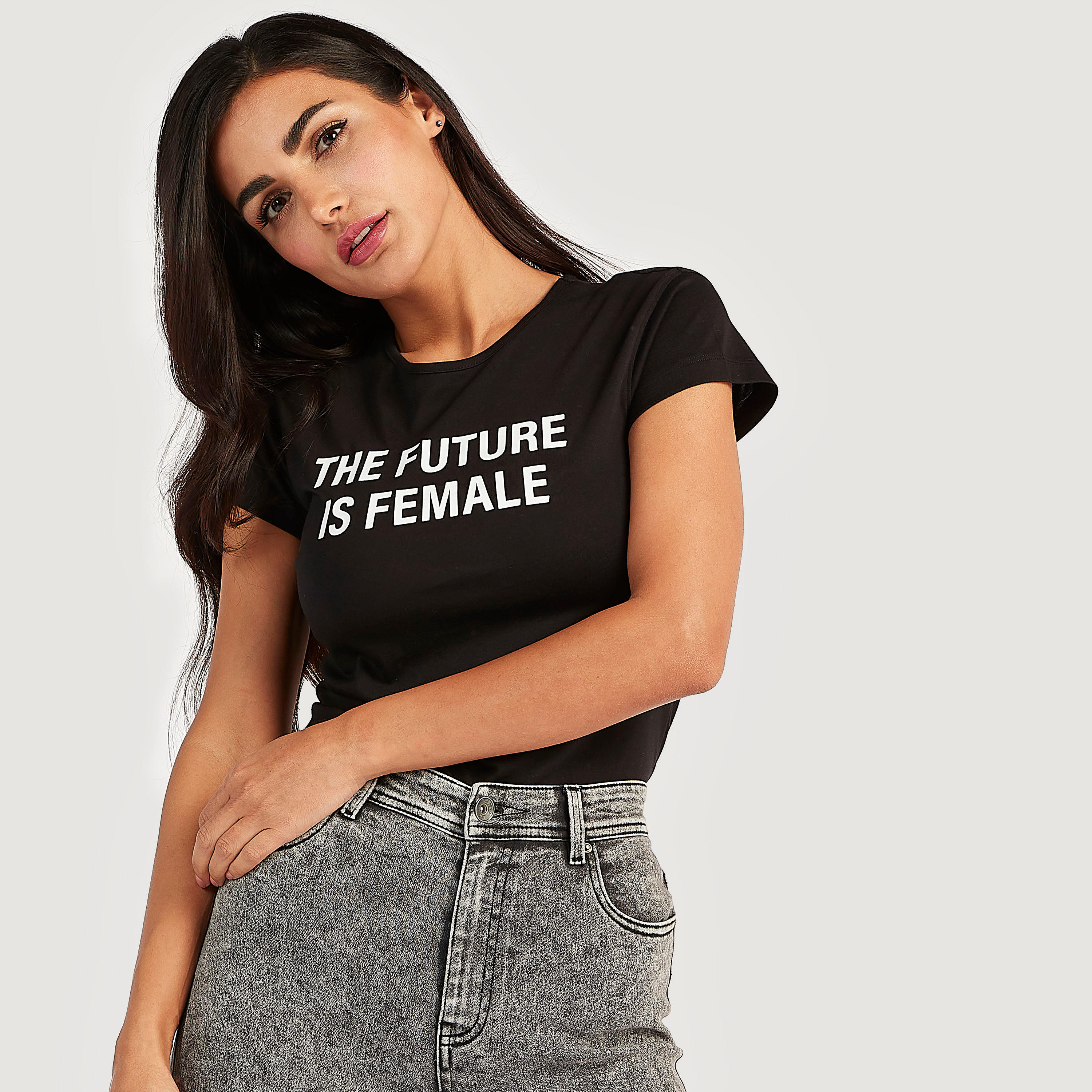 Slogan Print T-shirt with Cap Sleeves and Round Neck-women-clothing-tshirts-image-3