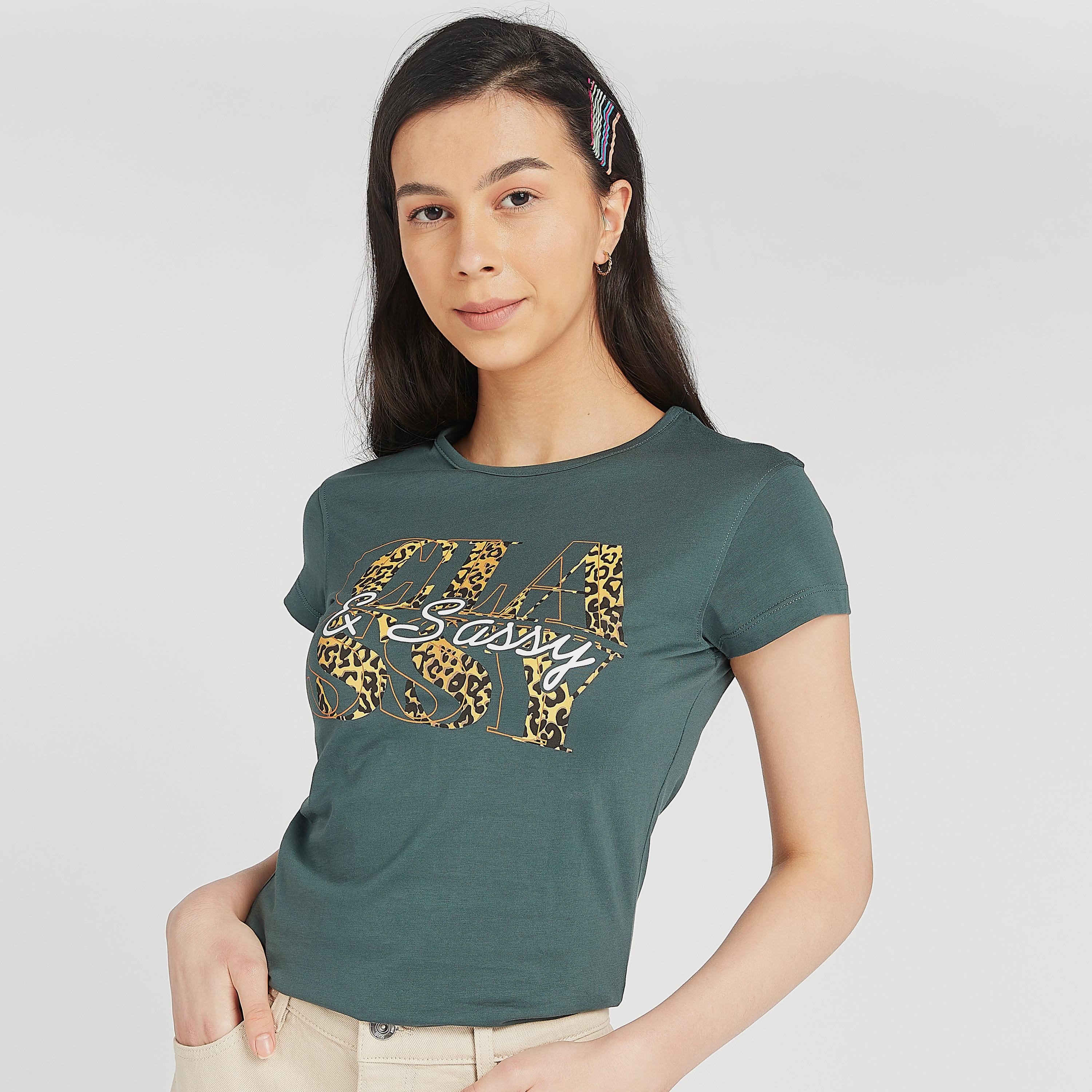 Printed Crew Neck T-shirt with Cap Sleeves-women-clothing-tshirts-image-1