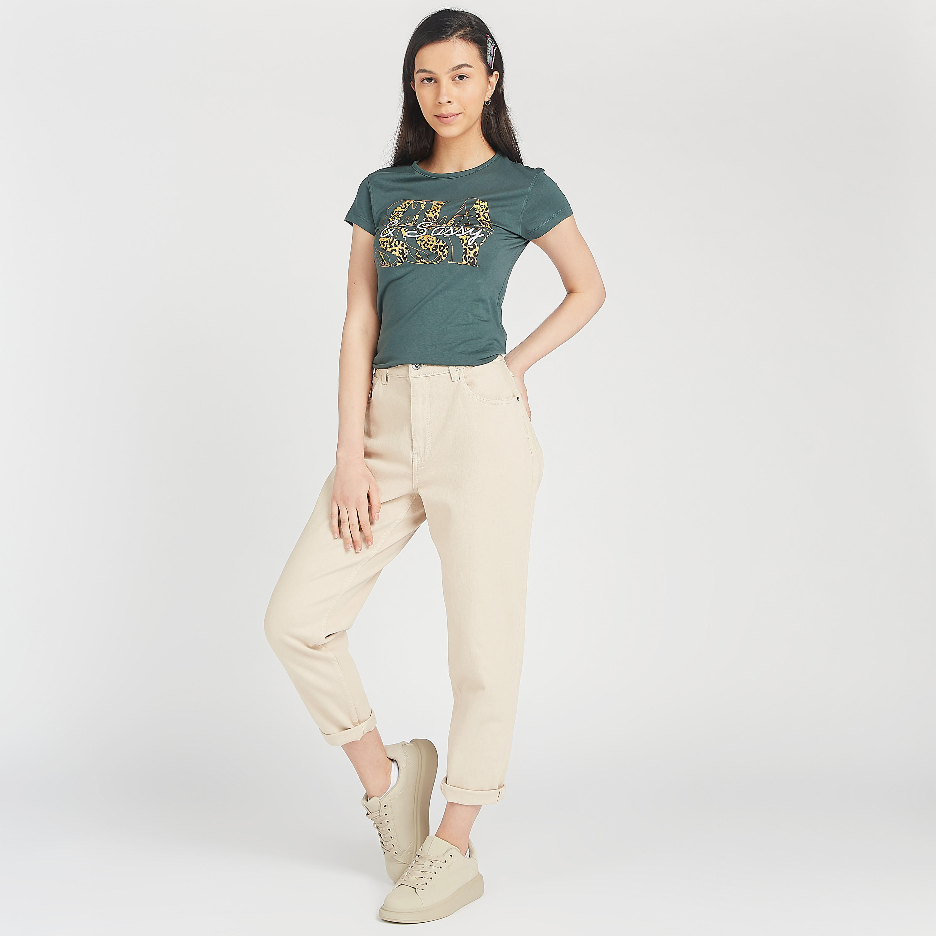 Printed Crew Neck T-shirt with Cap Sleeves-women-clothing-tshirts-image-2