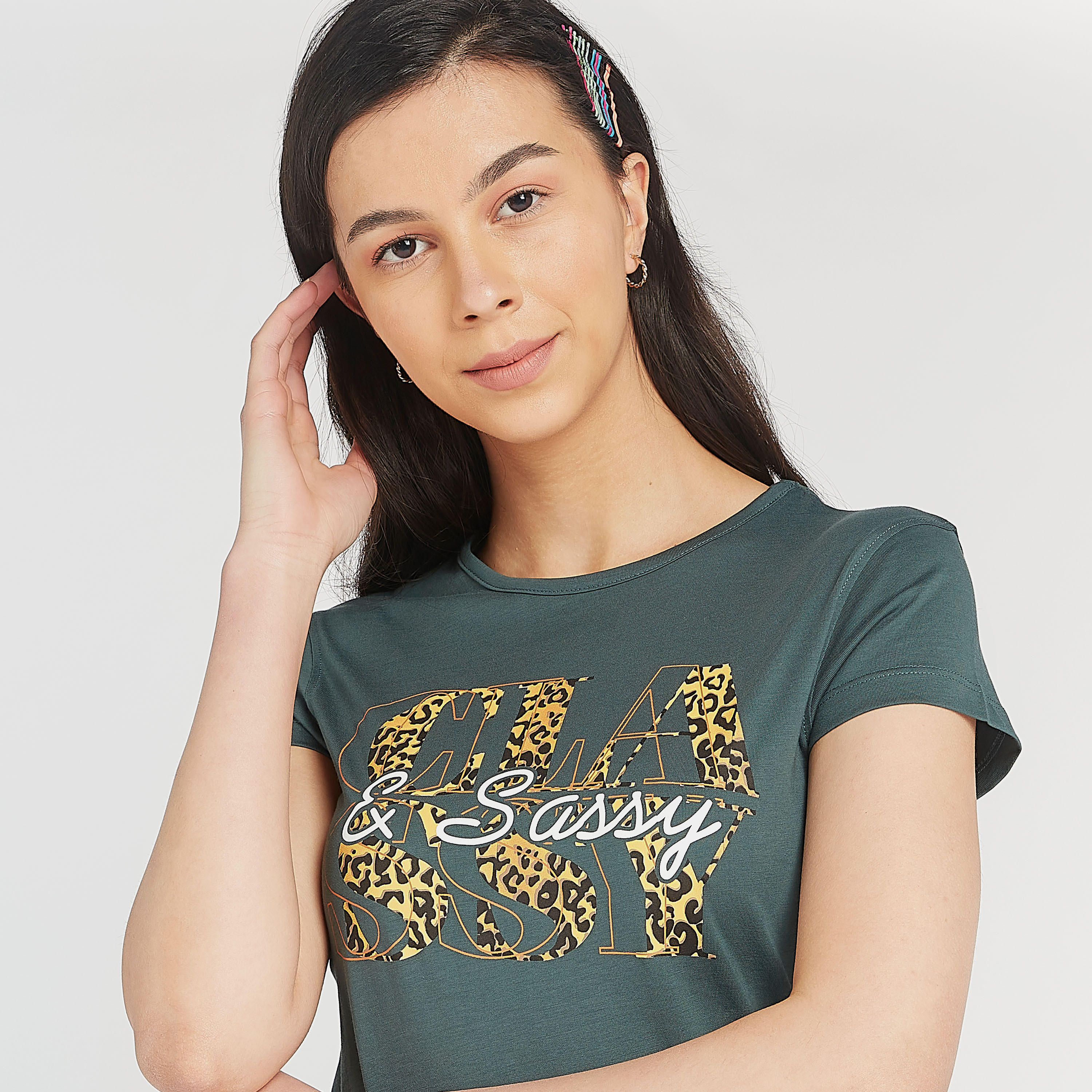Printed Crew Neck T-shirt with Cap Sleeves-women-clothing-tshirts-image-3