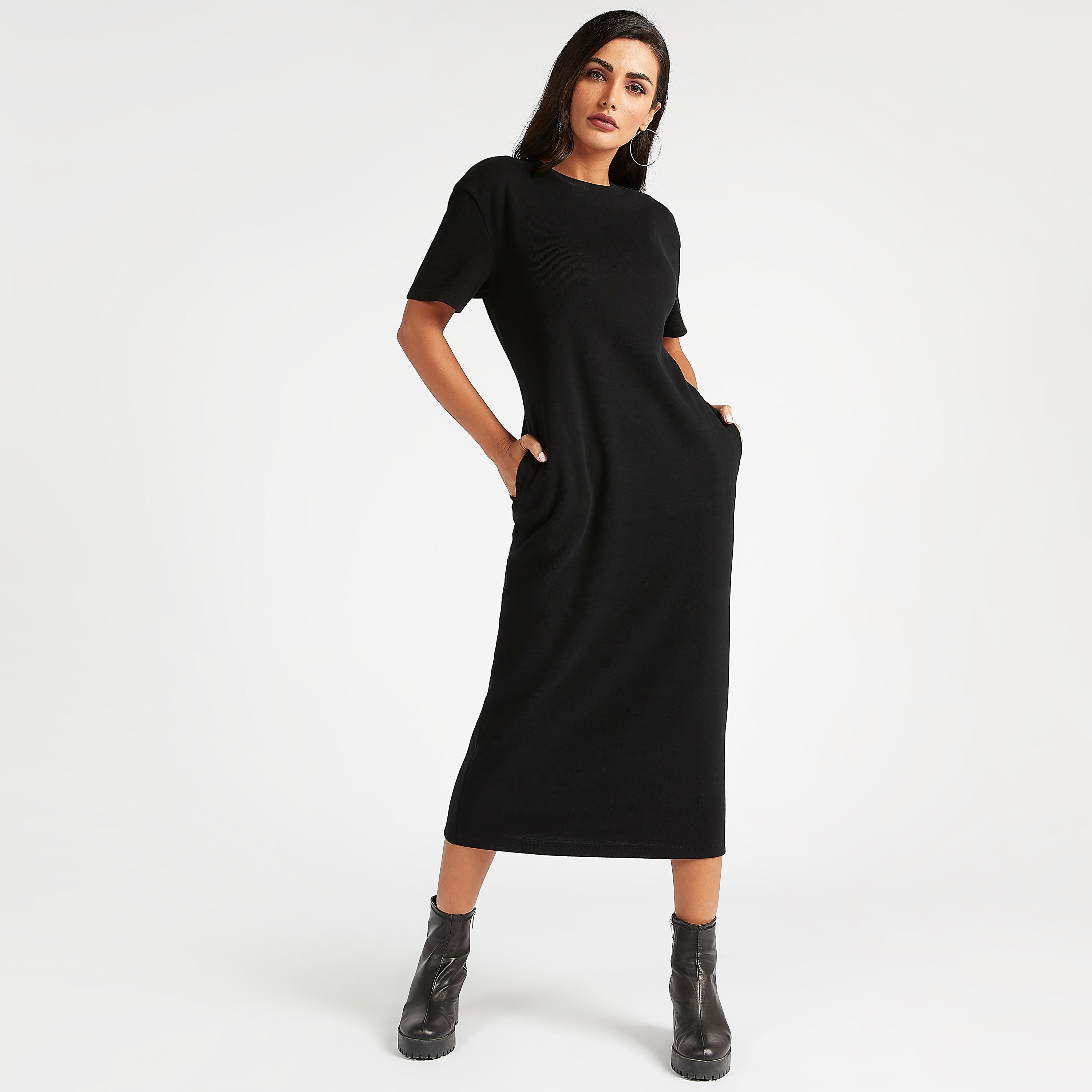 Sustainable Solid Midi Dress with Short Sleeves and Pockets-women-clothing-dresses-image-1