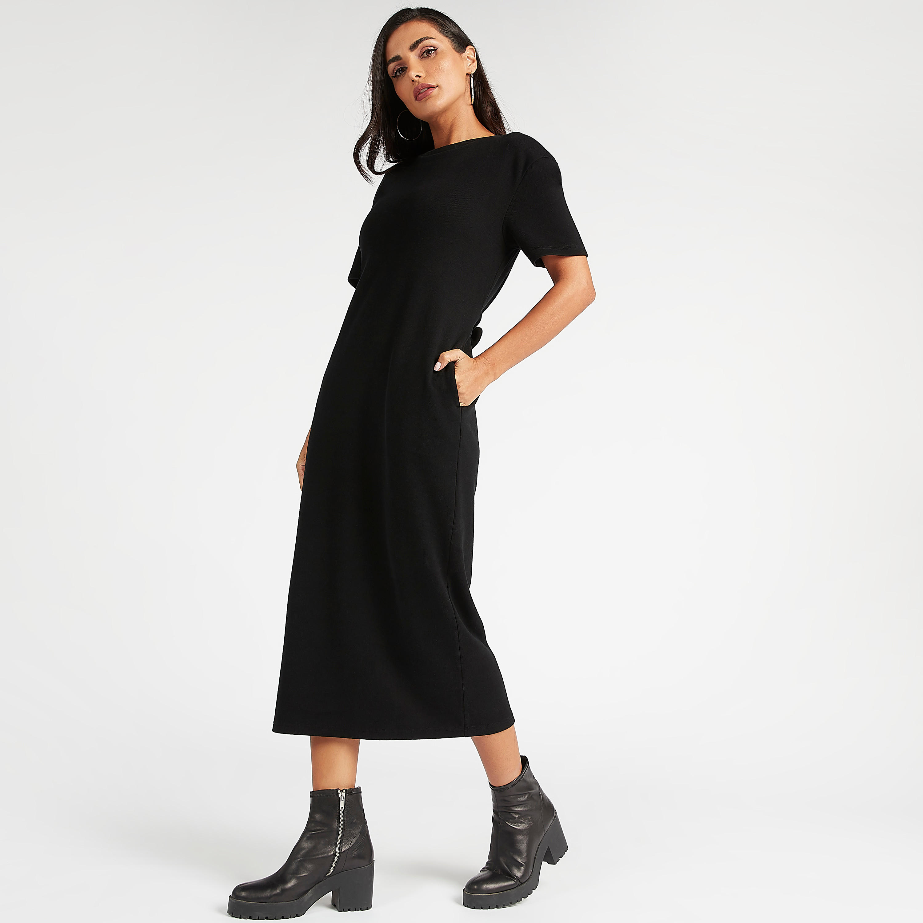 Sustainable Solid Midi Dress with Short Sleeves and Pockets-women-clothing-dresses-image-6